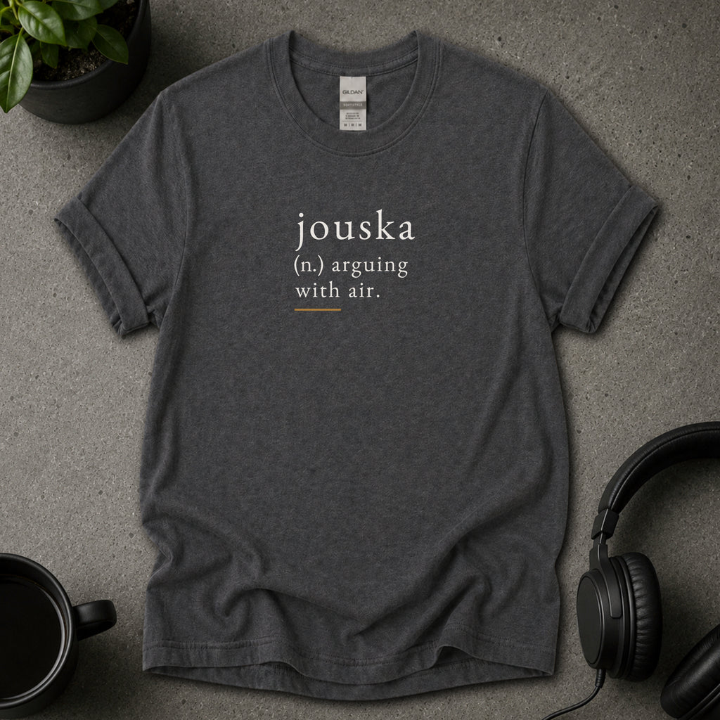 Black Jouska psychology dark heather grey T-shirt with dictionary-style text reading arguing with air