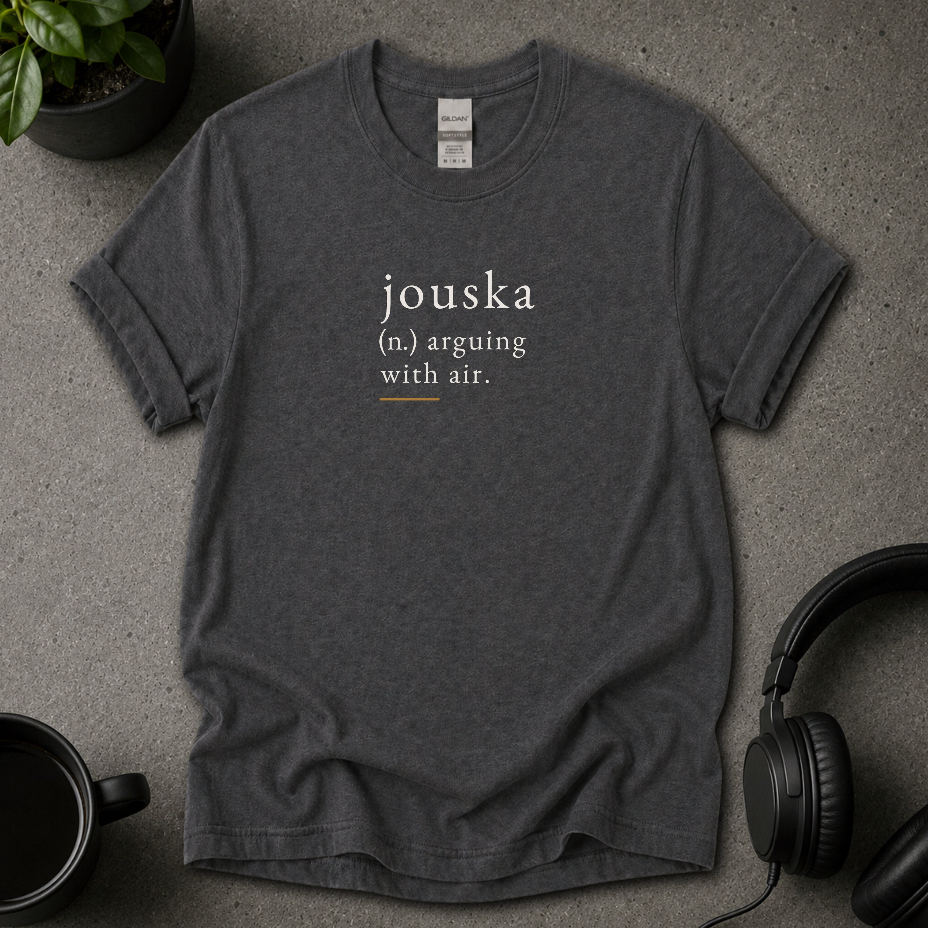 Black Jouska psychology dark heather grey T-shirt with dictionary-style text reading arguing with air