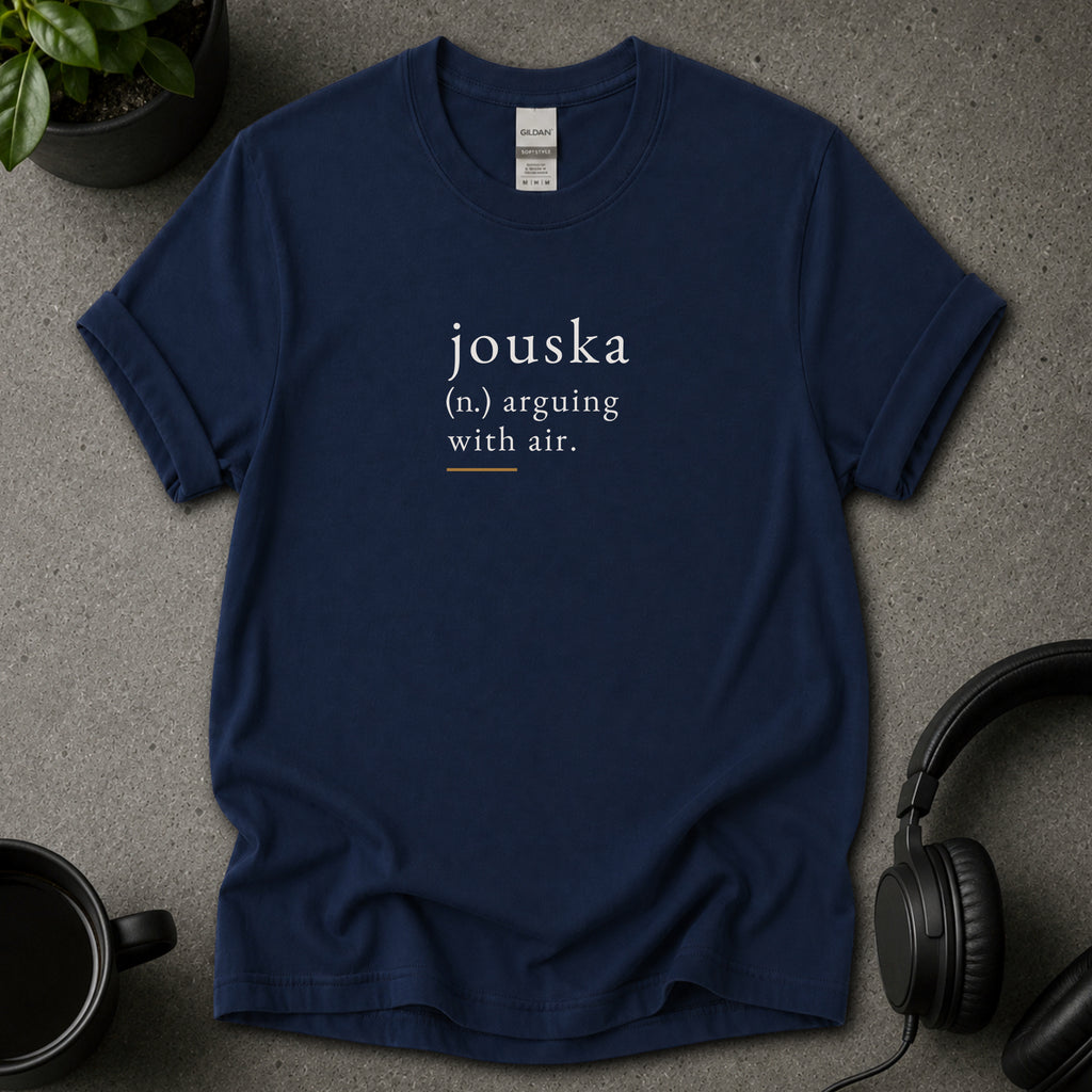 Black Jouska psychology navy blue T-shirt with dictionary-style text reading arguing with air