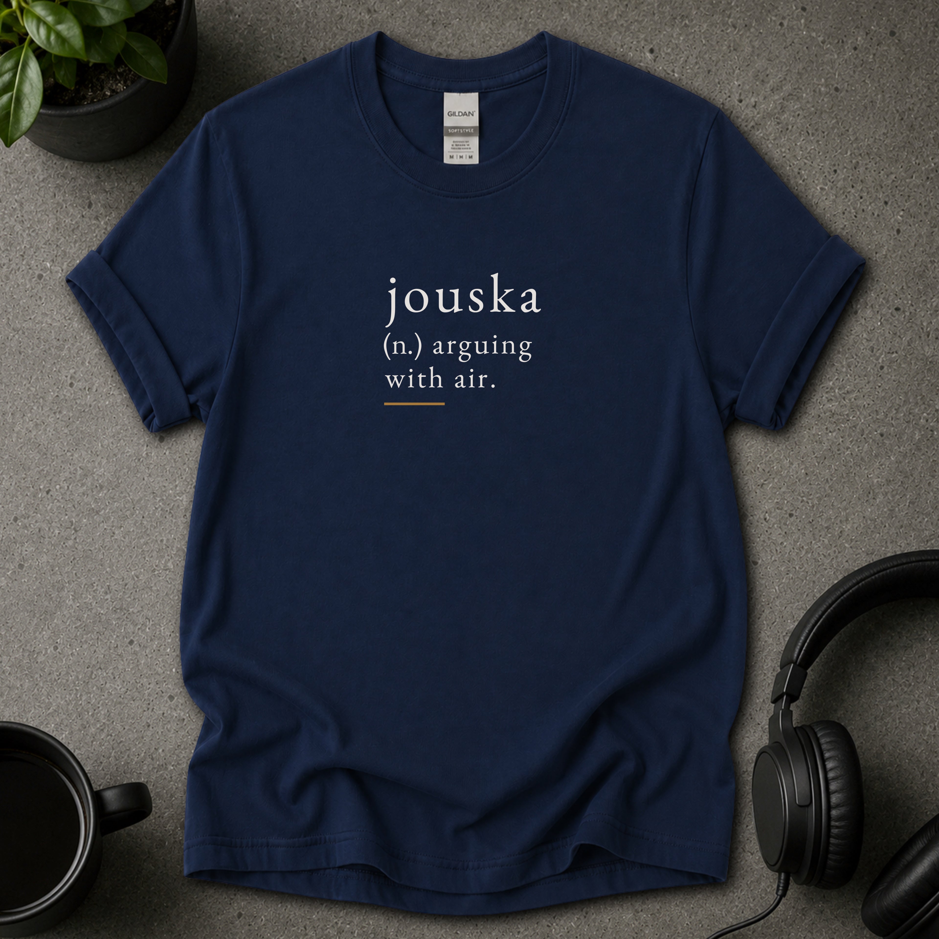 Black Jouska psychology navy blue T-shirt with dictionary-style text reading arguing with air