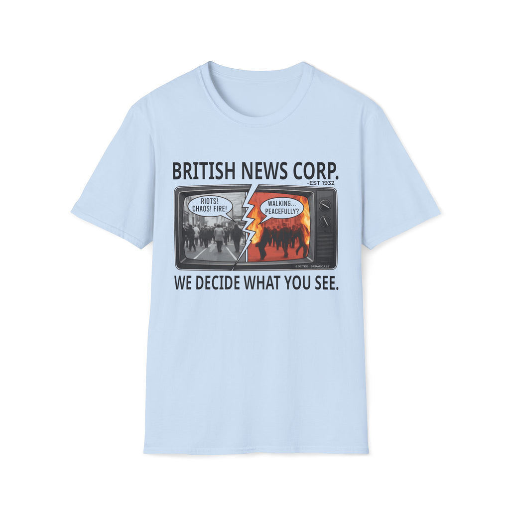 Light Blue T-shirt featuring British News Corp media bias graphic with split-screen news satire artwork.