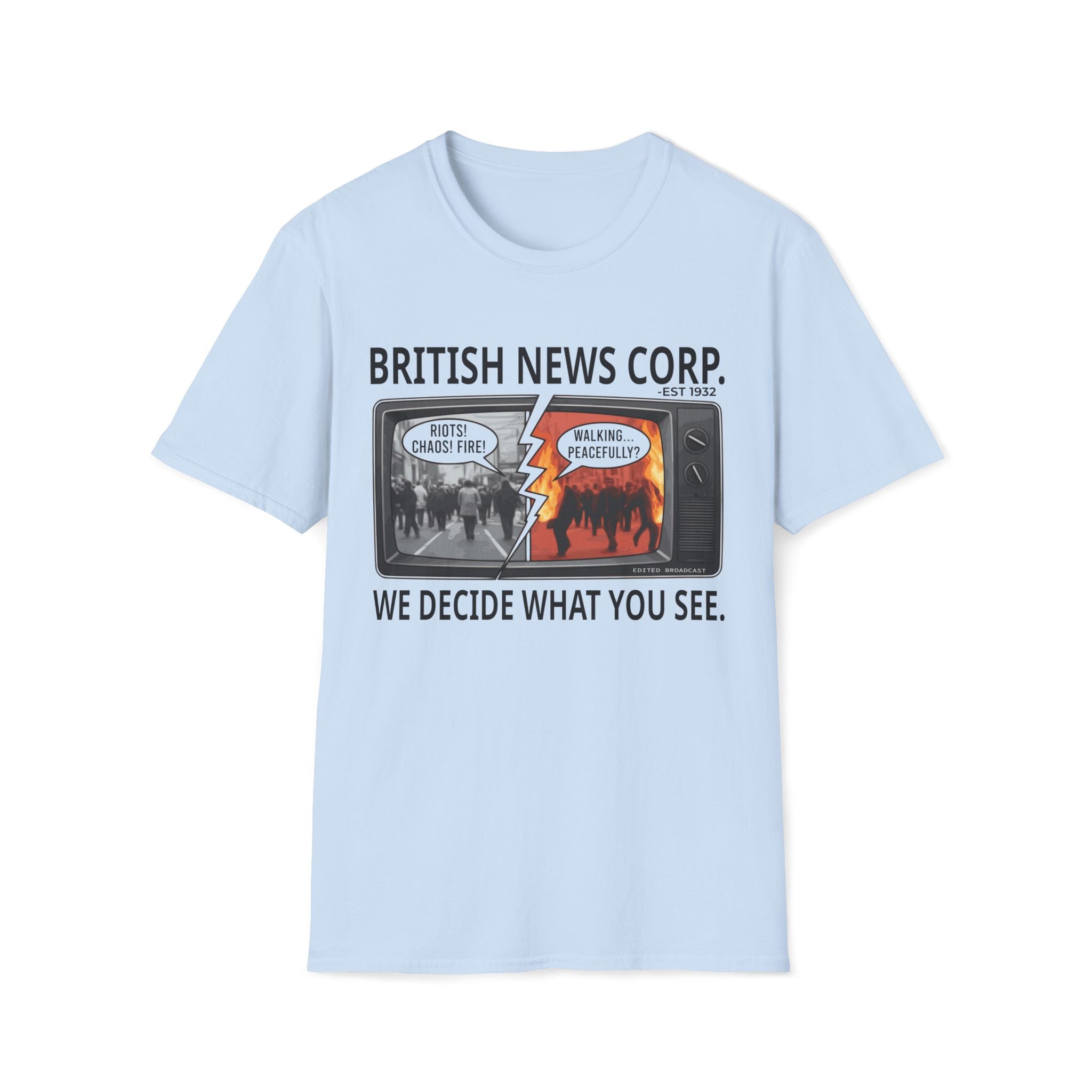 Light Blue T-shirt featuring British News Corp media bias graphic with split-screen news satire artwork.