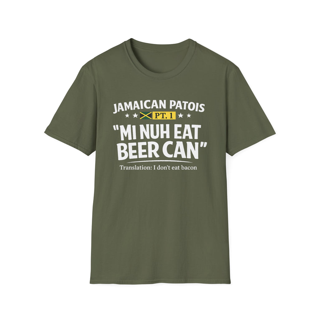Green t-shirt with Mi Nuh Eat Beer Can Jamaican Patois graphic and text on a white background