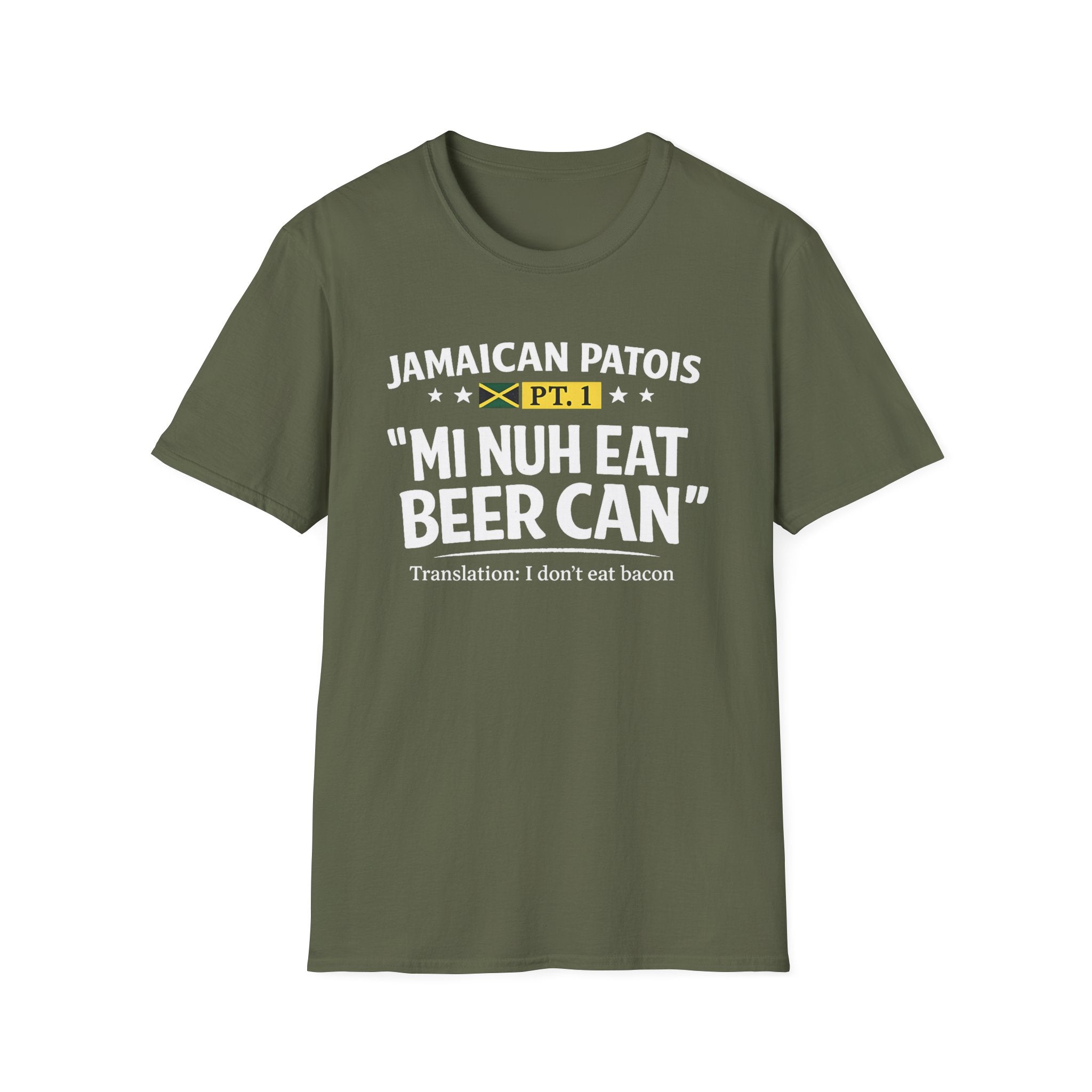 Green t-shirt with Mi Nuh Eat Beer Can Jamaican Patois graphic and text on a white background