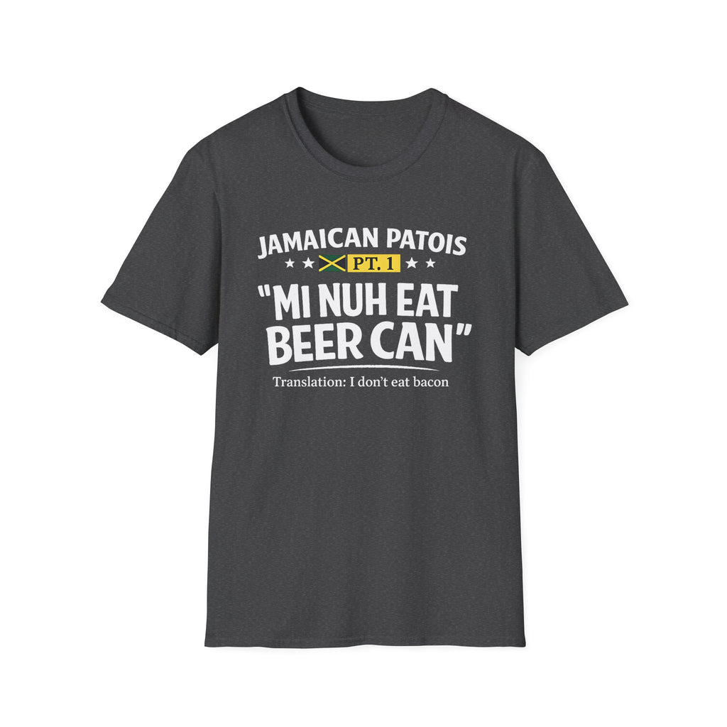 Jamaican patois graphic Dark Heather Grey T-shirt with bold “Mi Nuh Eat Beer Can” text, flag accent, and playful translation. A casual Caribbean wordplay tee by Moiratek.