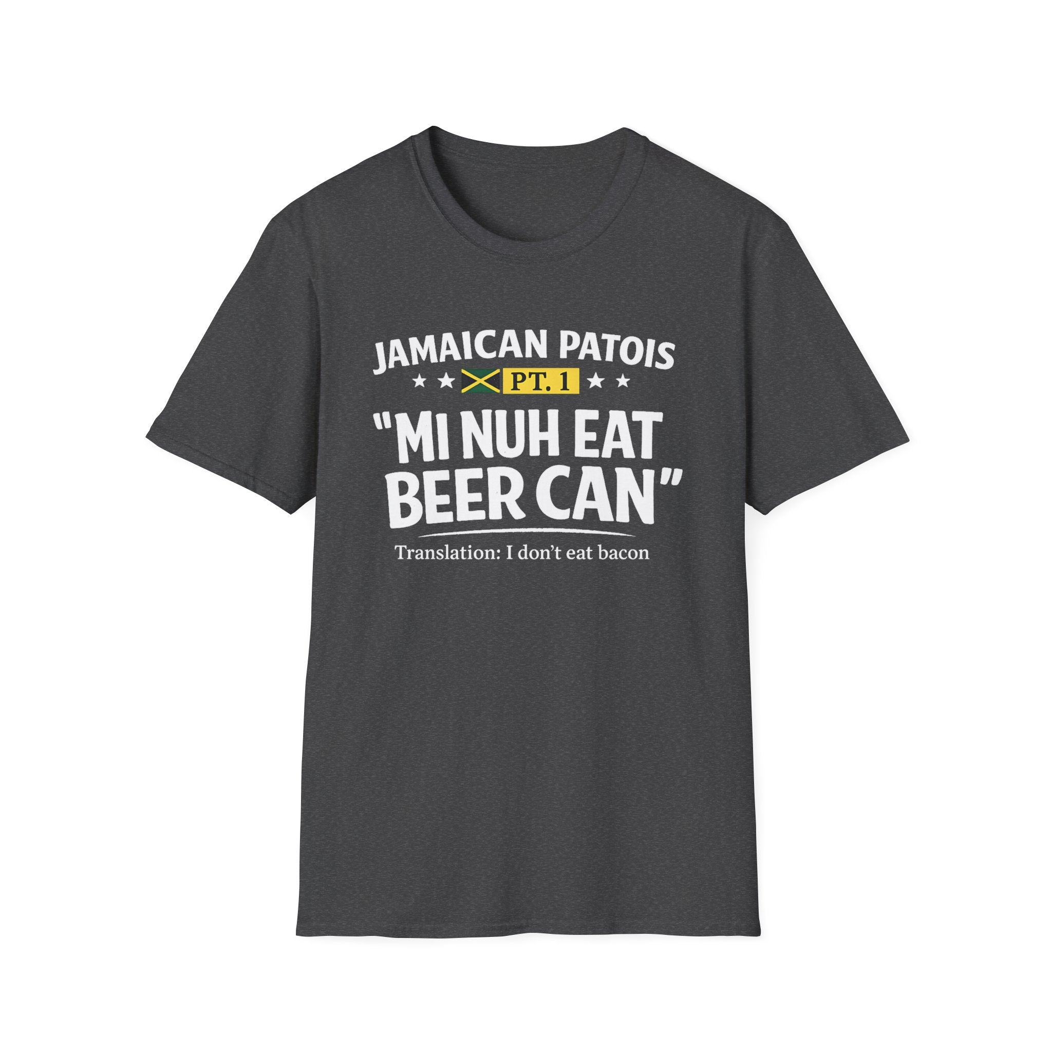 Jamaican patois graphic Dark Heather Grey T-shirt with bold “Mi Nuh Eat Beer Can” text, flag accent, and playful translation. A casual Caribbean wordplay tee by Moiratek.