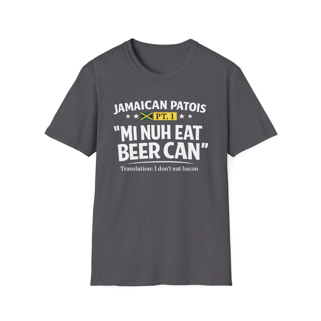 Jamaican patois graphic charcoal T-shirt with bold “Mi Nuh Eat Beer Can” text, flag accent, and playful translation. A casual Caribbean wordplay tee by Moiratek.