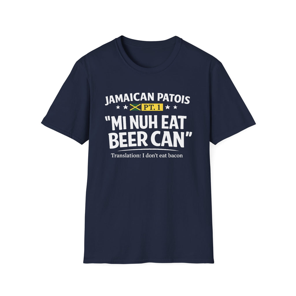 Jamaican patois graphic navy blue T-shirt with bold “Mi Nuh Eat Beer Can” text, flag accent, and playful translation. A casual Caribbean wordplay tee by Moiratek.