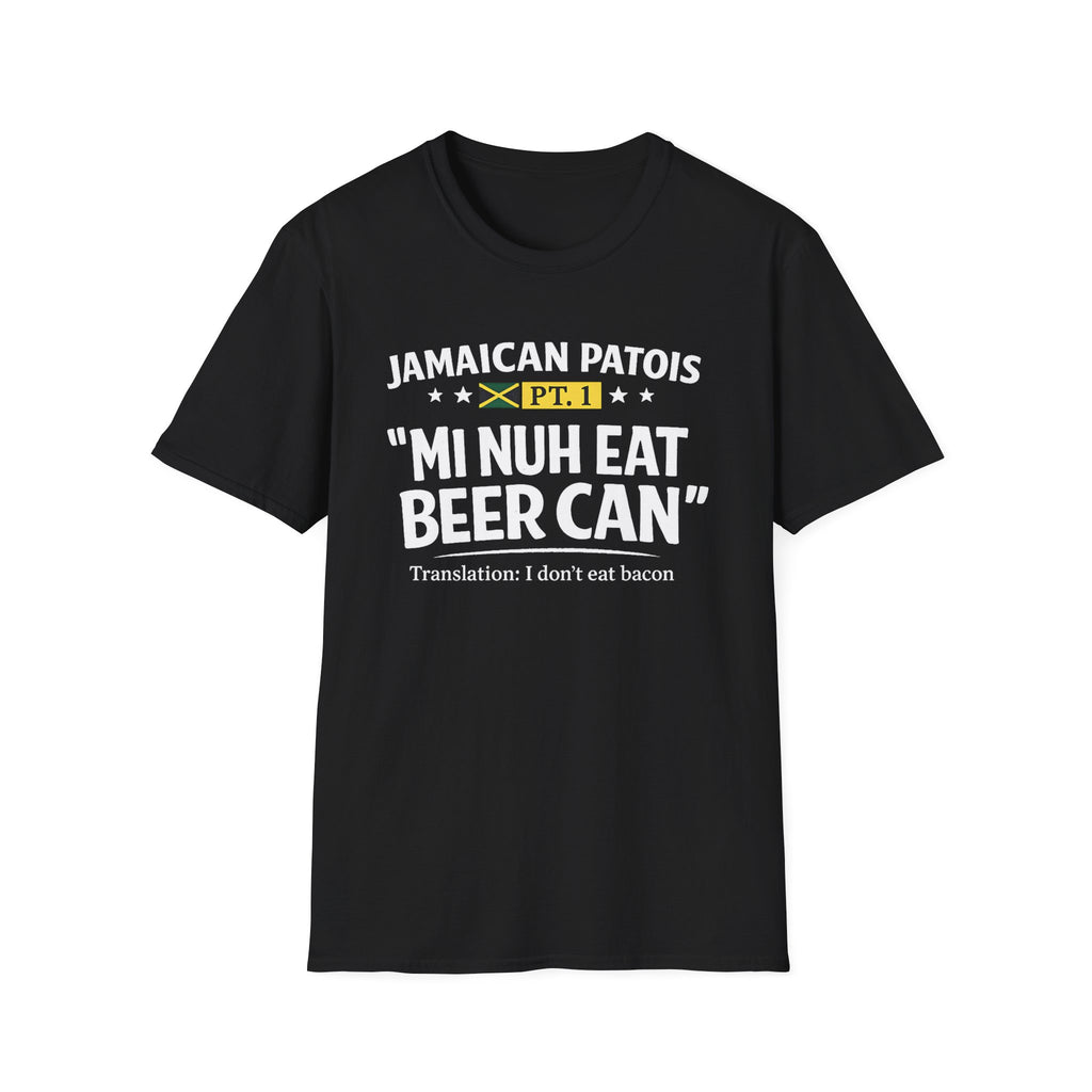 Jamaican patois black graphic T-shirt with bold “Mi Nuh Eat Beer Can” text, flag accent, and playful translation. A casual Caribbean wordplay tee by Moiratek.