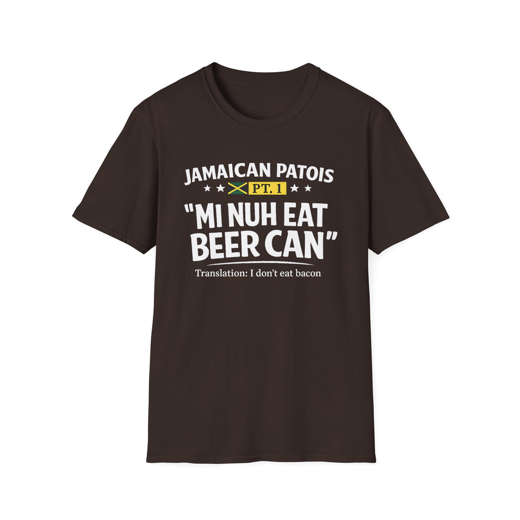 Jamaican patois graphic brown T-shirt with bold “Mi Nuh Eat Beer Can” text, flag accent, and playful translation. A casual Caribbean wordplay tee by Moiratek.