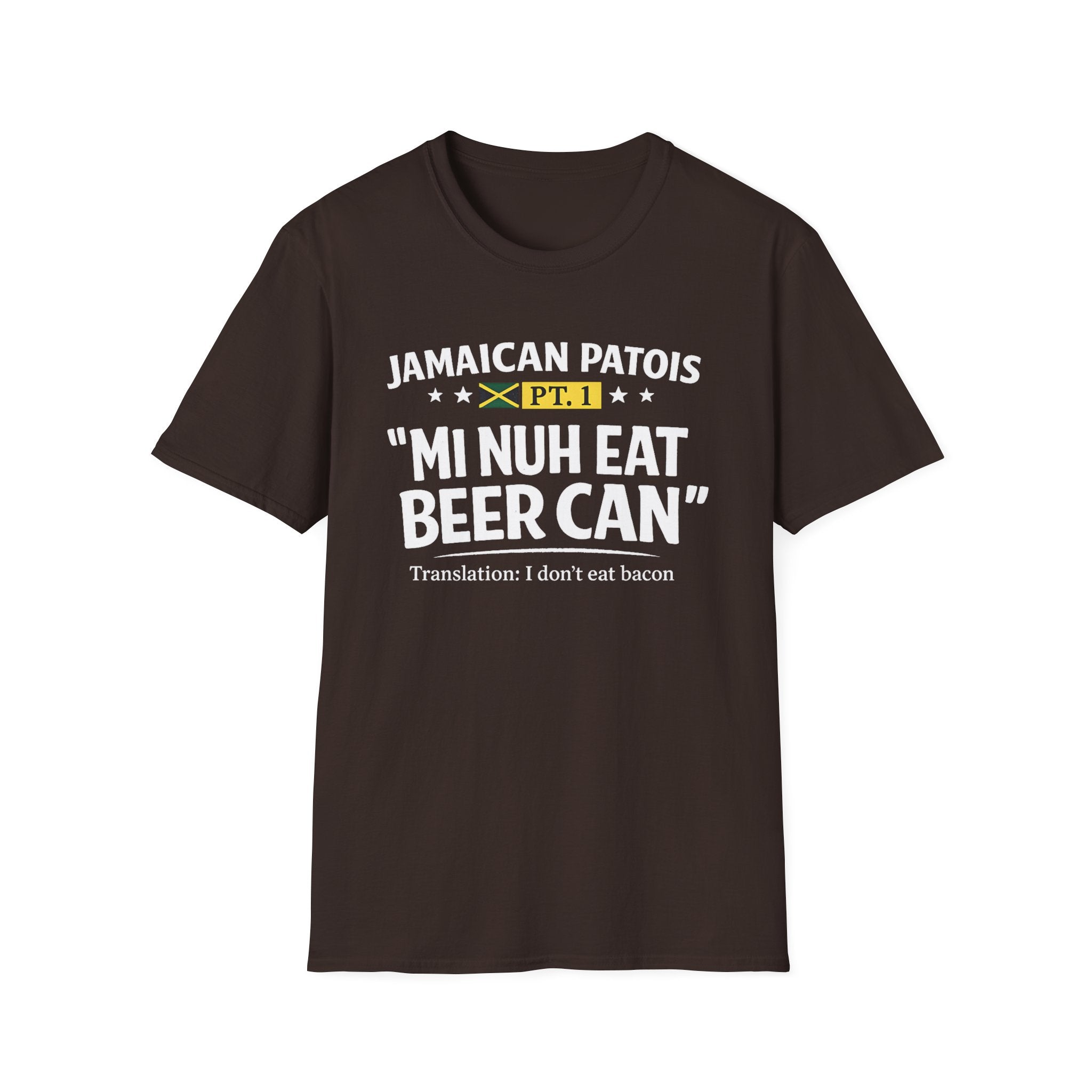 Jamaican patois graphic brown T-shirt with bold “Mi Nuh Eat Beer Can” text, flag accent, and playful translation. A casual Caribbean wordplay tee by Moiratek.