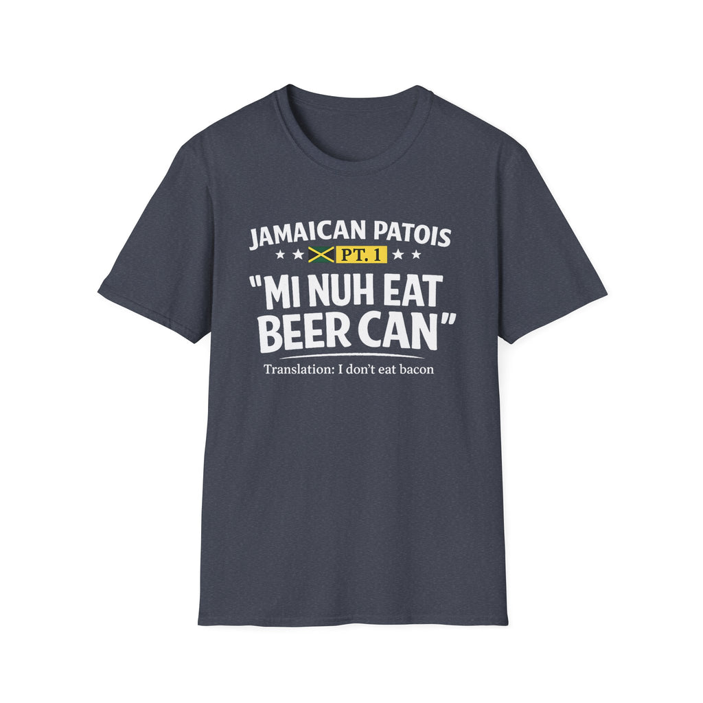 Jamaican patois graphic heather navy T-shirt with bold “Mi Nuh Eat Beer Can” text, flag accent, and playful translation. A casual Caribbean wordplay tee by Moiratek.