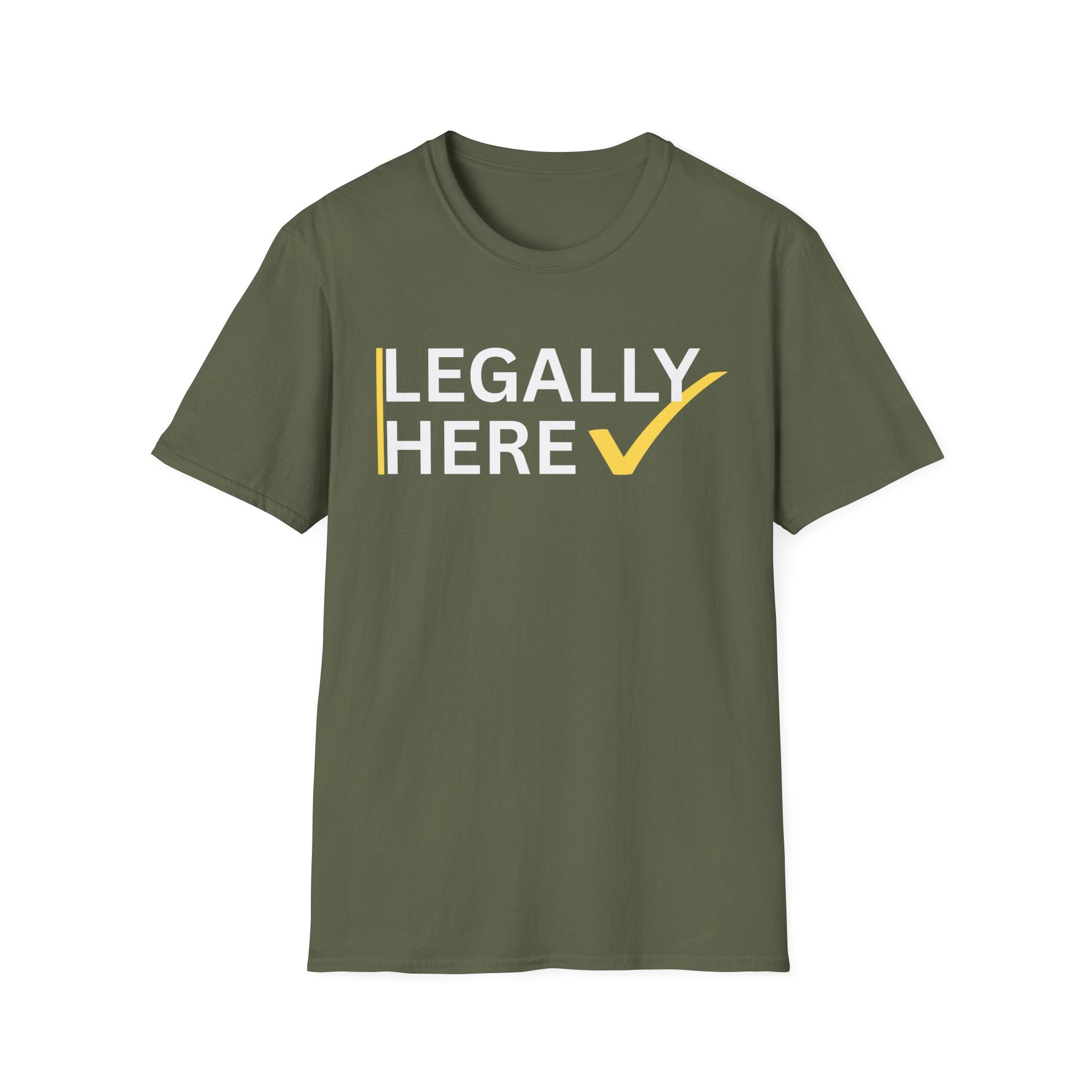 Green t-shirt with 'LEGALLY HERE' text on a white background