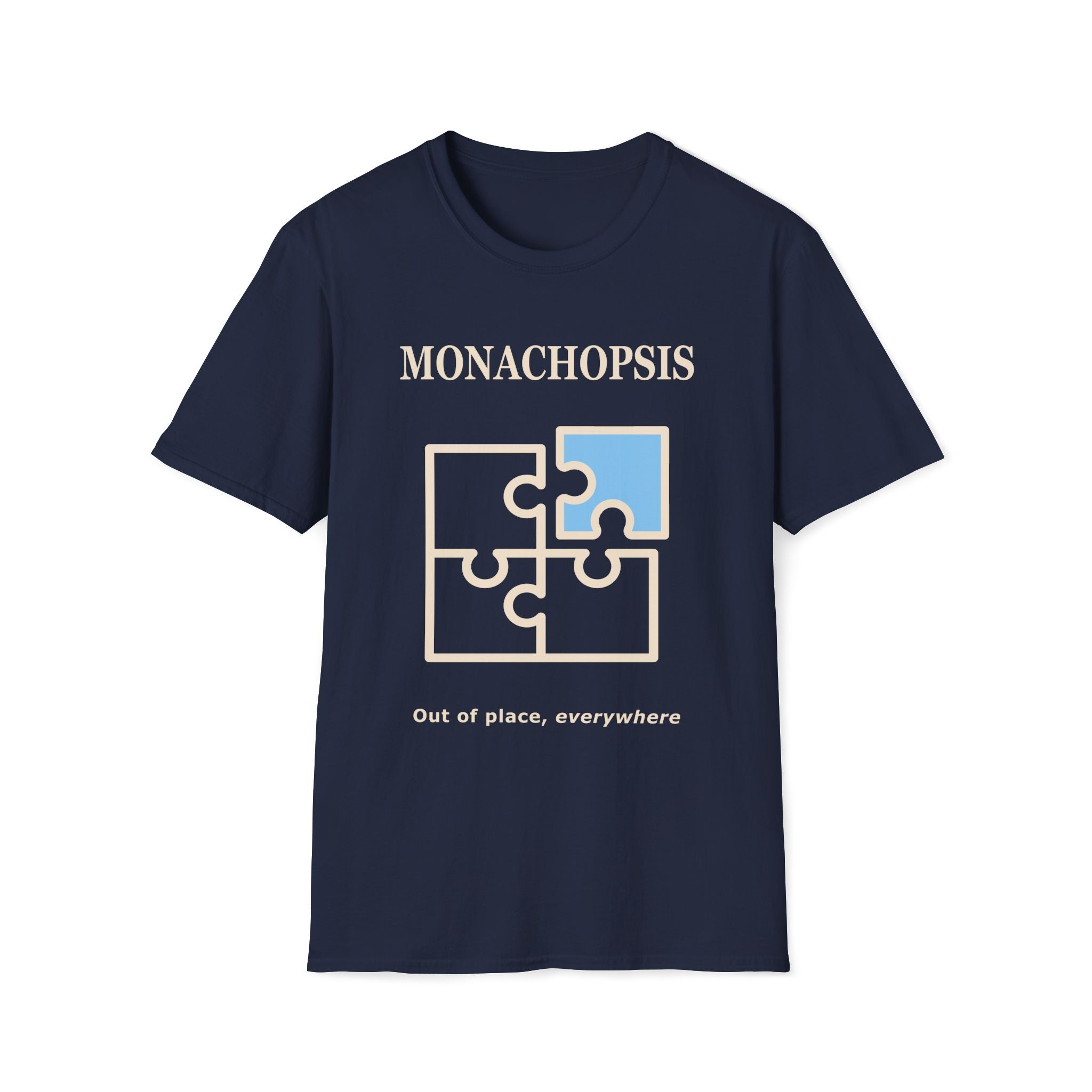 Monachopsis psychology graphic tee. Jigsaw puzzle design on a blue t-shirt