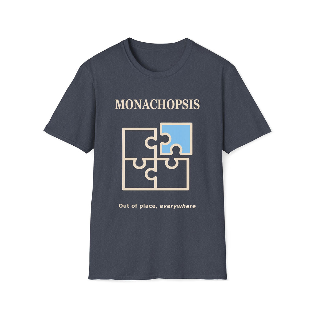 Monachopsis psychology graphic tee. Jigsaw puzzle design on a blue/grey t-shirt