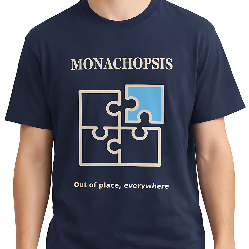 Navy blue t-shirt with puzzle graphic and text 'MONACHOPSIS Out of place, everywhere' on a white background