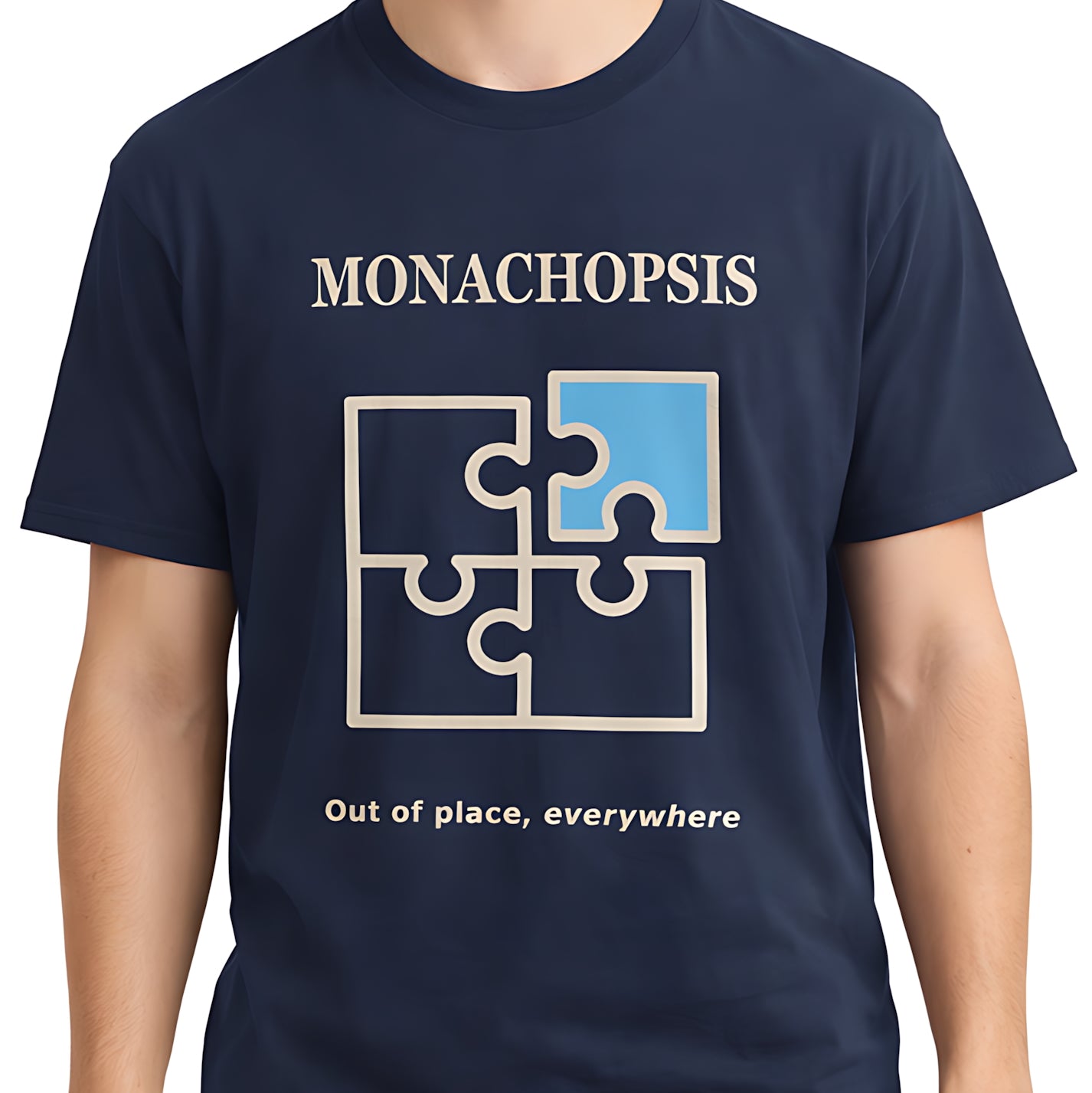 Navy blue t-shirt with puzzle graphic and text 'MONACHOPSIS Out of place, everywhere' on a white background