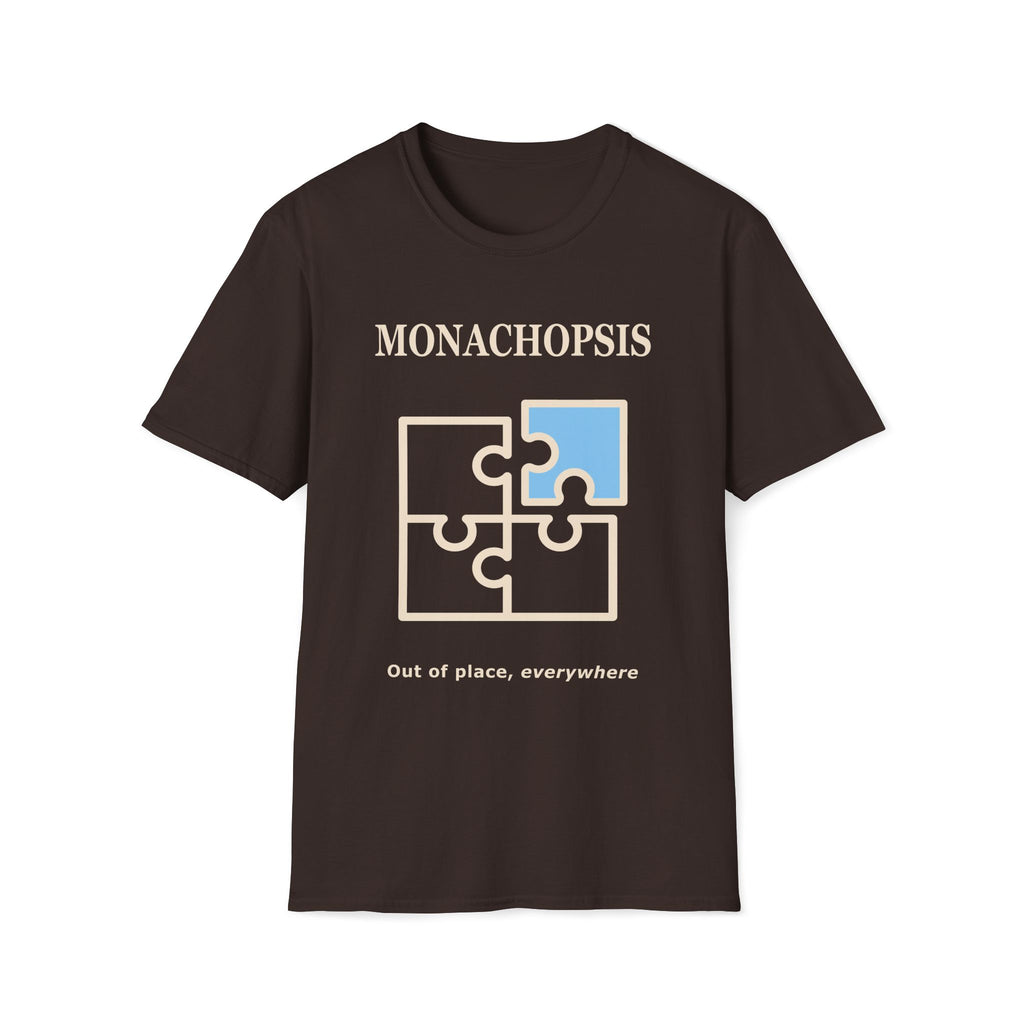 Monachopsis psychology graphic tee. Jigsaw puzzle design on a brown t-shirt