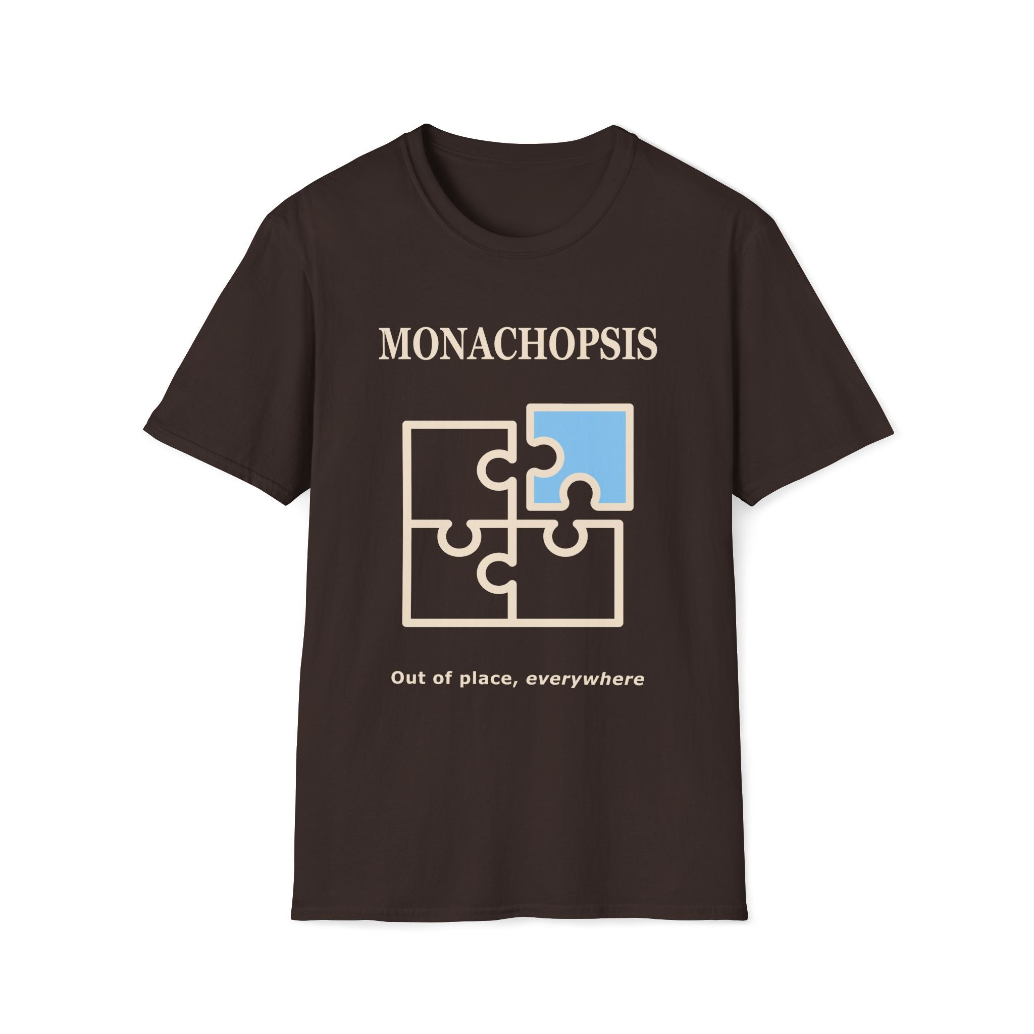 Monachopsis psychology graphic tee. Jigsaw puzzle design on a brown t-shirt