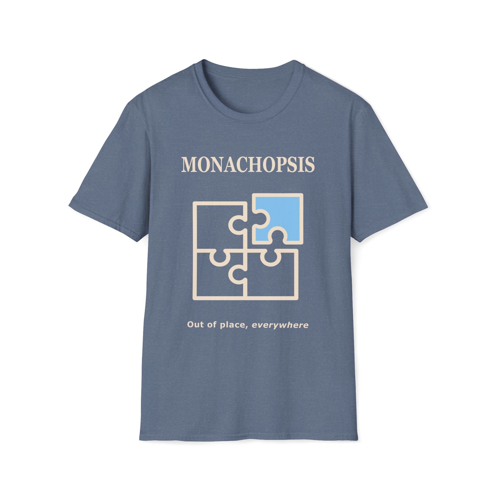 Monachopsis psychology graphic tee. Jigsaw puzzle design on a indigo blue t-shirt