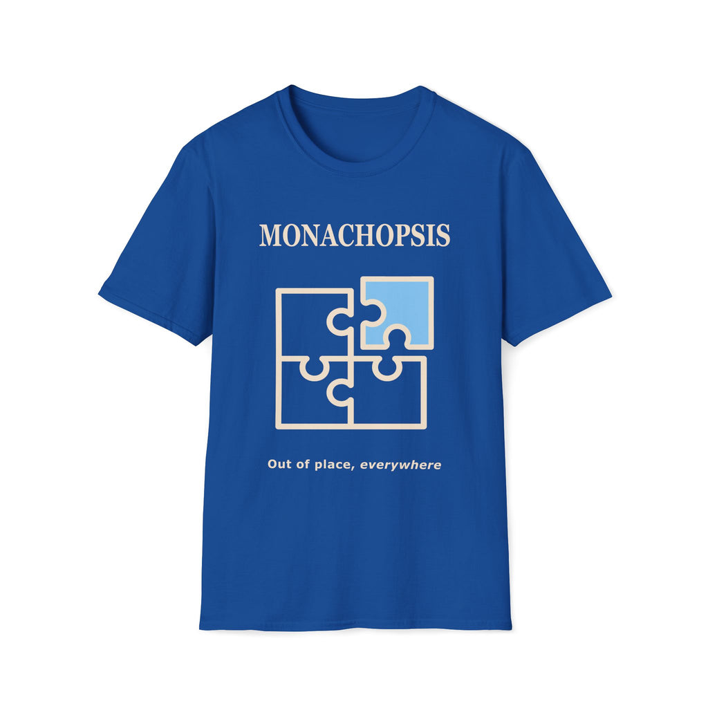Monachopsis psychology graphic tee. Jigsaw puzzle design on a royal blue t-shirt
