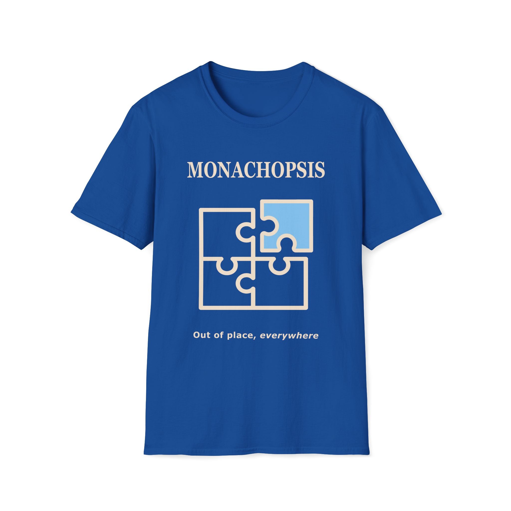 Monachopsis psychology graphic tee. Jigsaw puzzle design on a royal blue t-shirt
