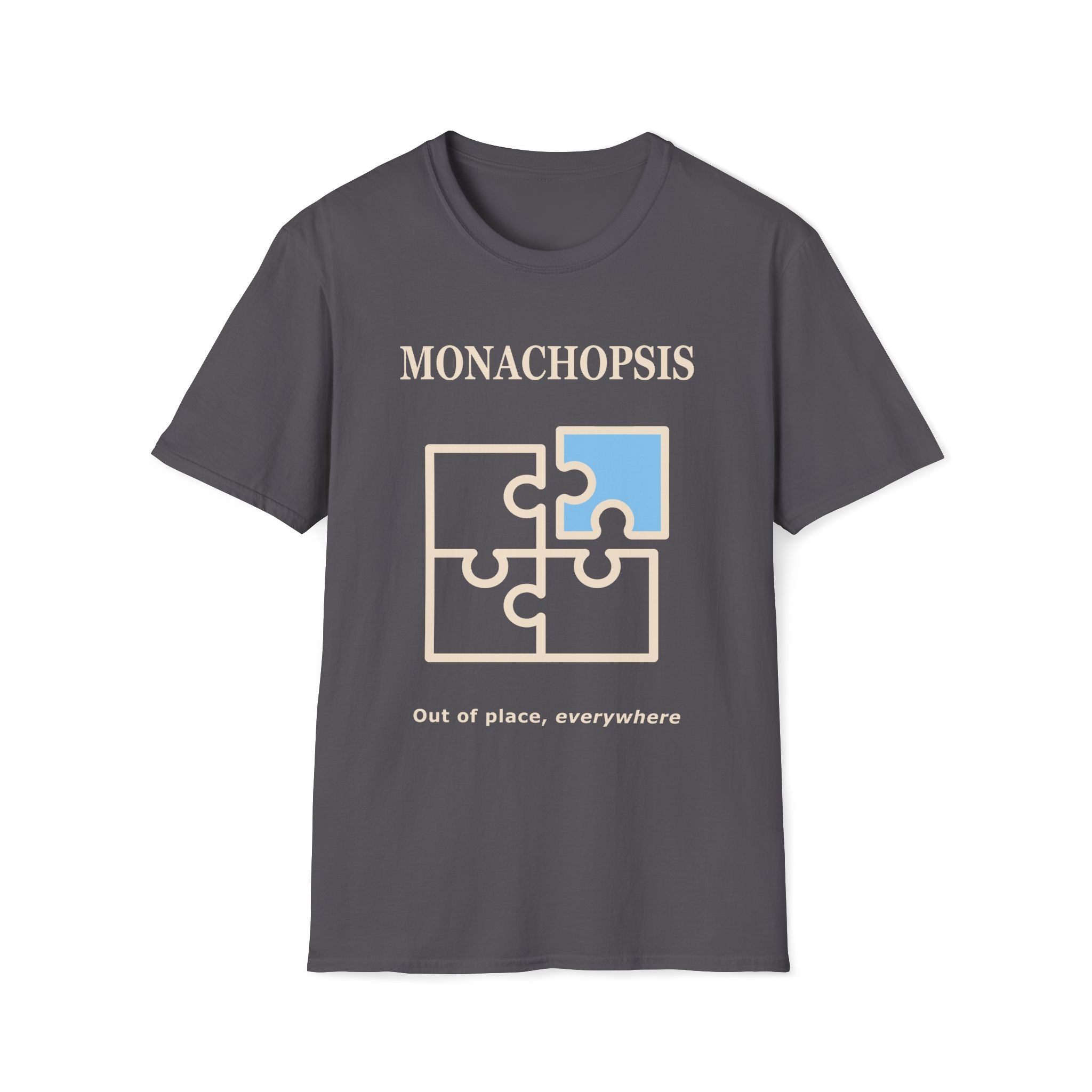Monachopsis psychology graphic tee. Jigsaw puzzle design on a char t-shirt charcoal grey