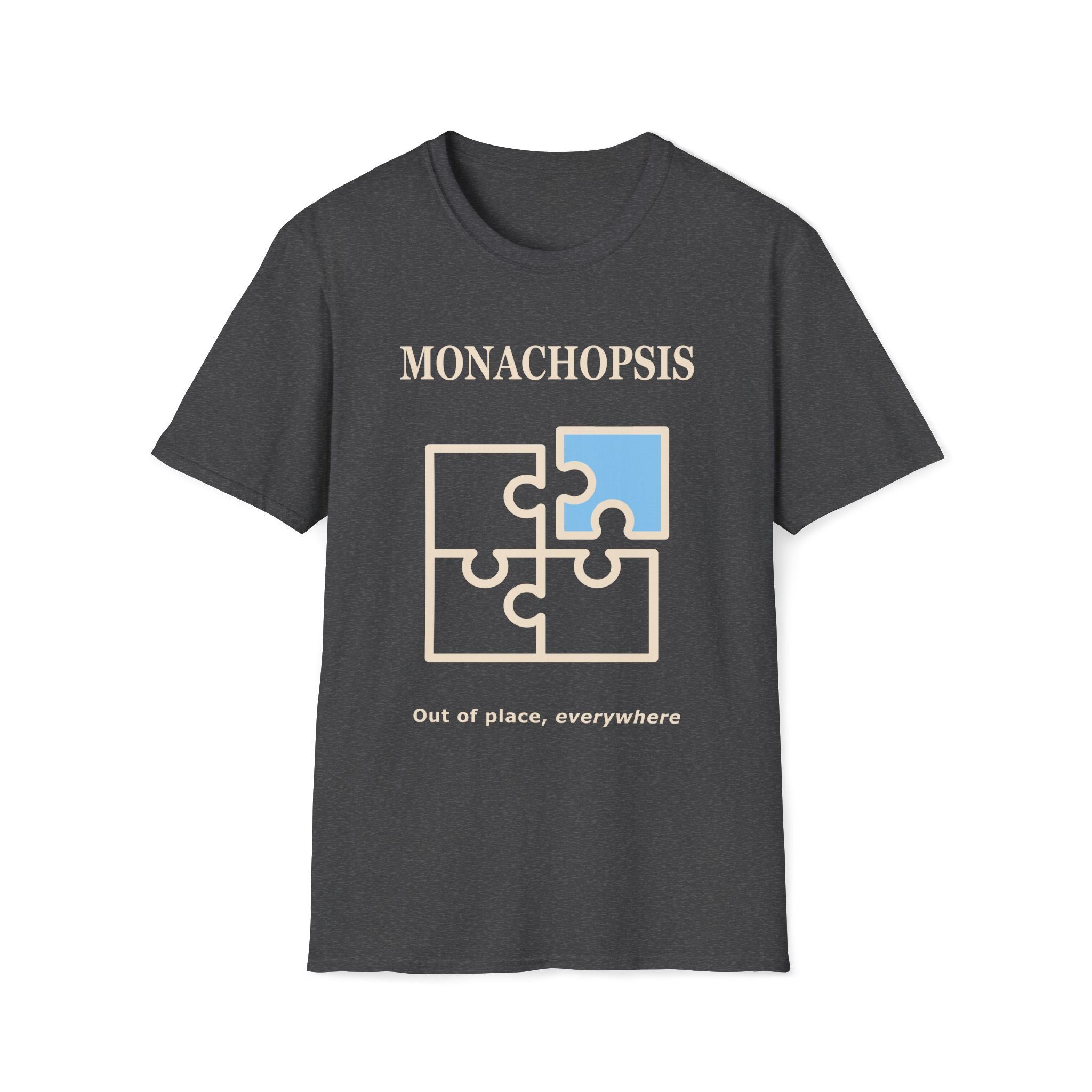 Monachopsis psychology graphic tee. Jigsaw puzzle design on a grey t-shirt