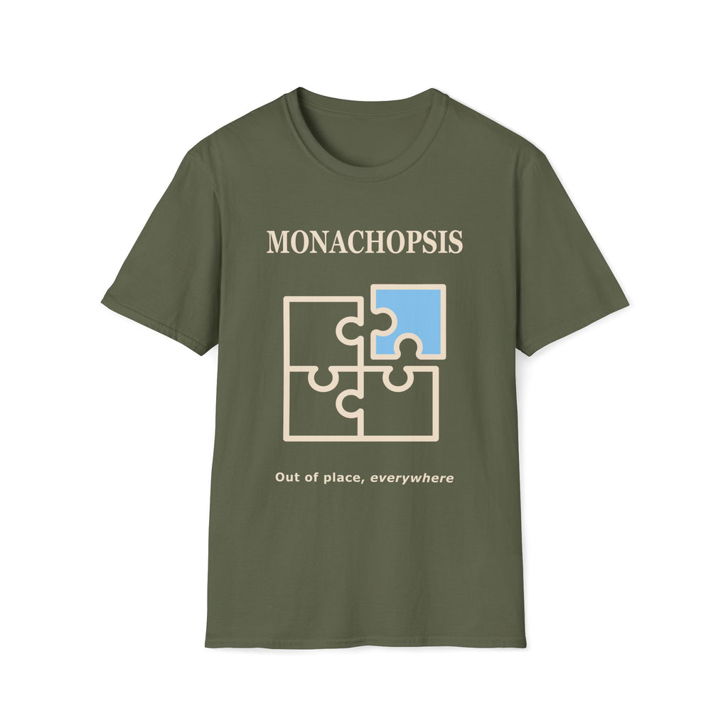 Monachopsis psychology graphic tee. Jigsaw puzzle design on a green t-shirt