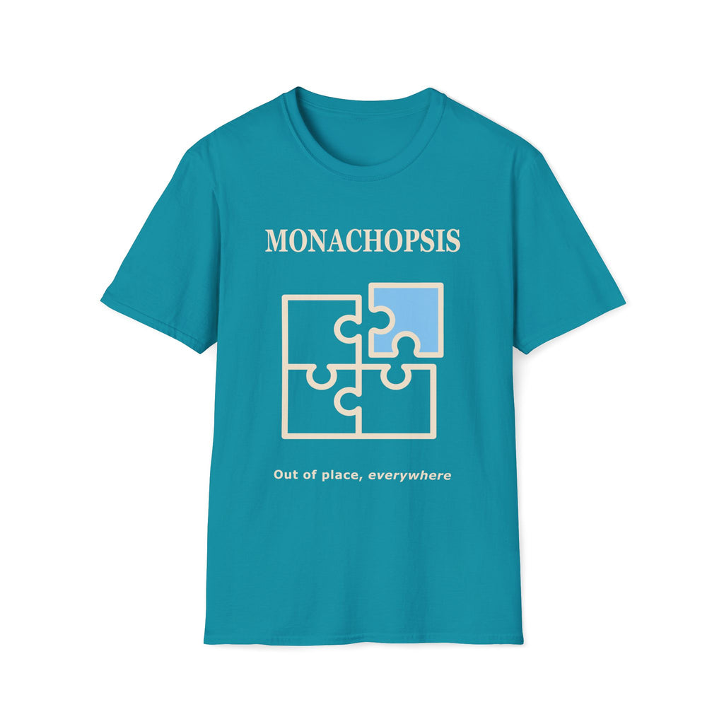 Monachopsis psychology graphic tee. Jigsaw puzzle design on a sapphire blue t-shirt