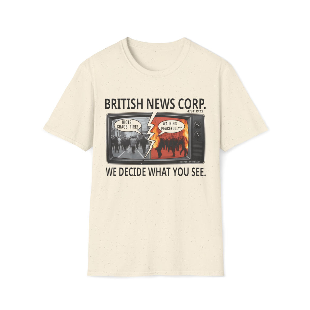 Natural colour T-shirt with British News Corp fake news parody design and retro television media satire graphic.