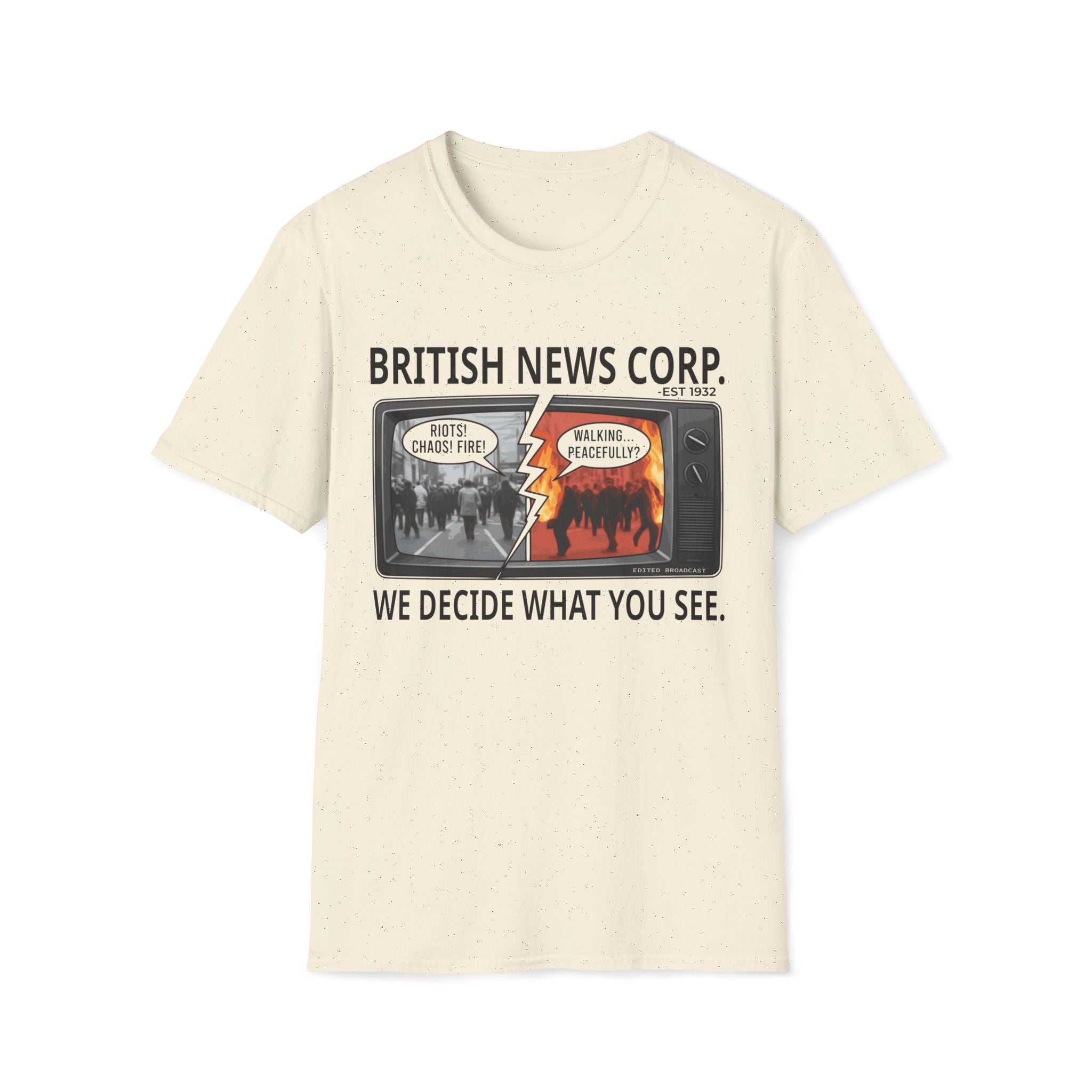 Natural colour T-shirt with British News Corp fake news parody design and retro television media satire graphic.