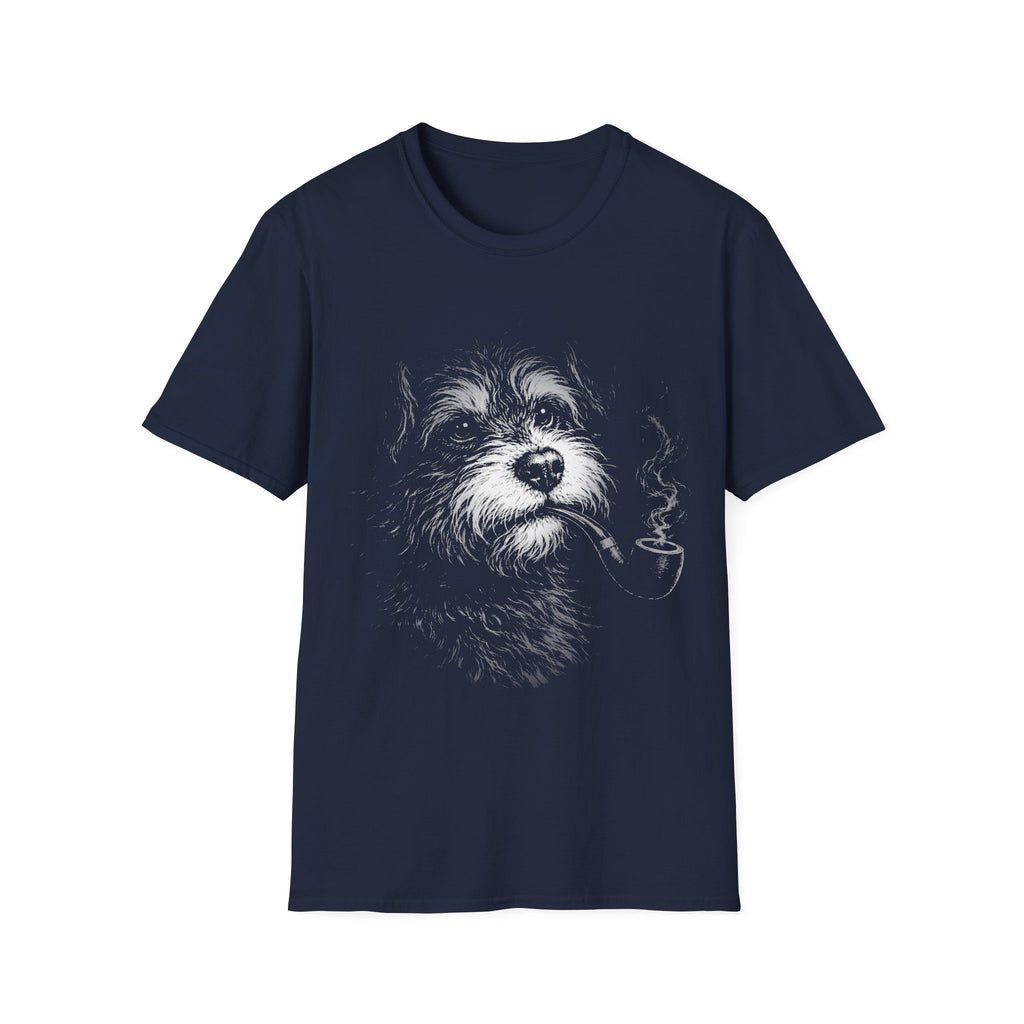 Navy T-shirt featuring a scruffy dog portrait design for dog lovers and pet owners.