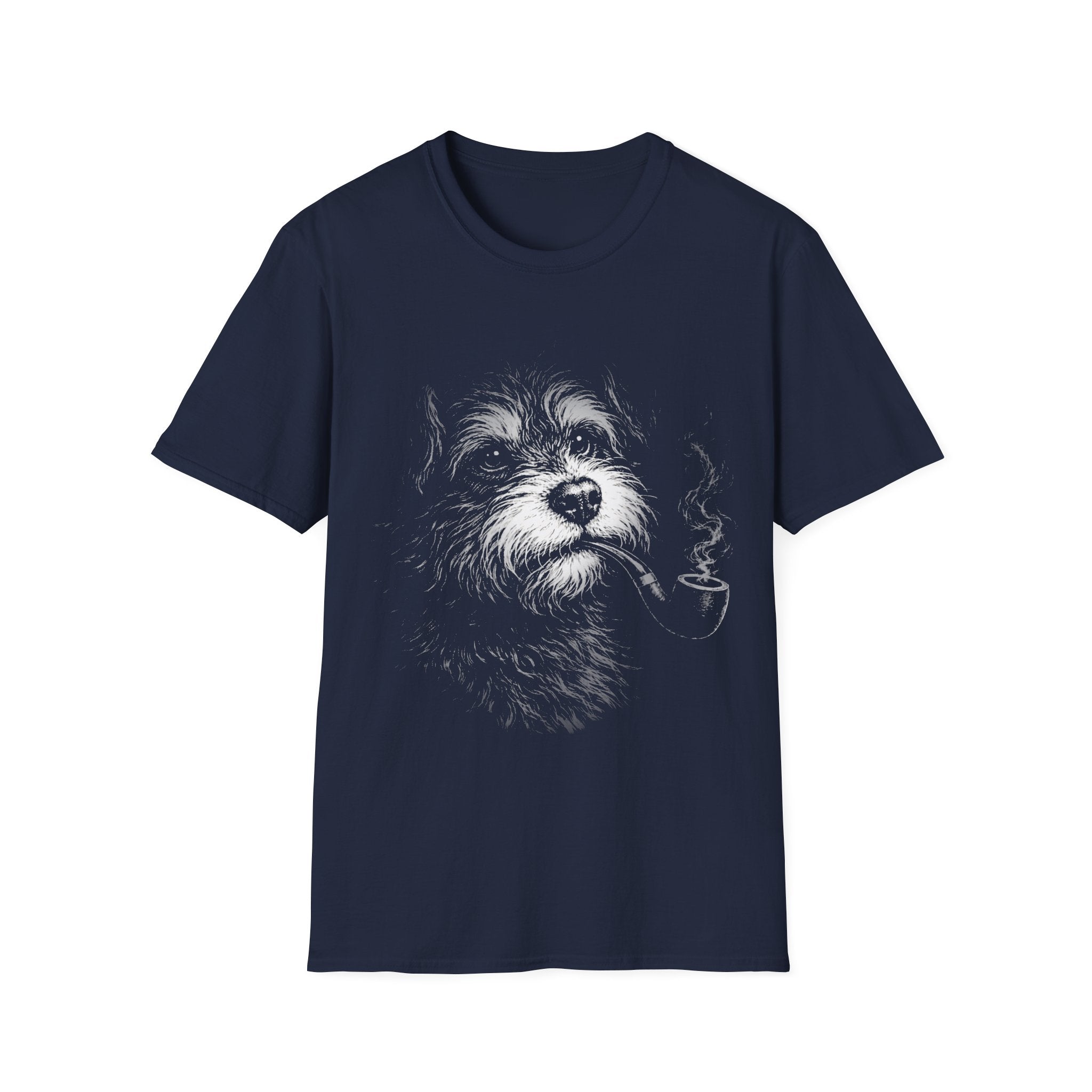 Navy T-shirt featuring a scruffy dog portrait design for dog lovers and pet owners.