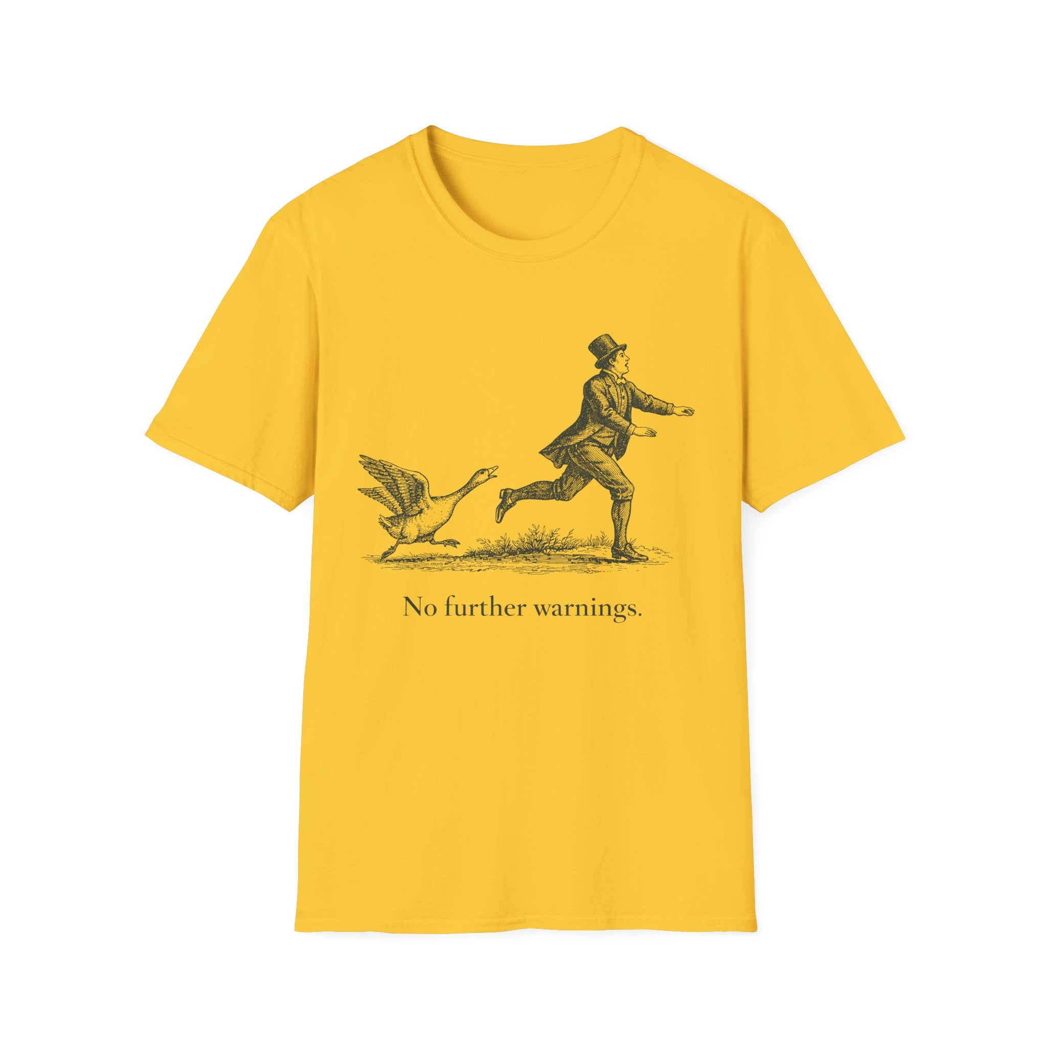 Vintage goose graphic T-shirt with a dry “No Further Warnings” caption. A playful animal tee for fans of absurd humour, retro illustration, and everyday wear.