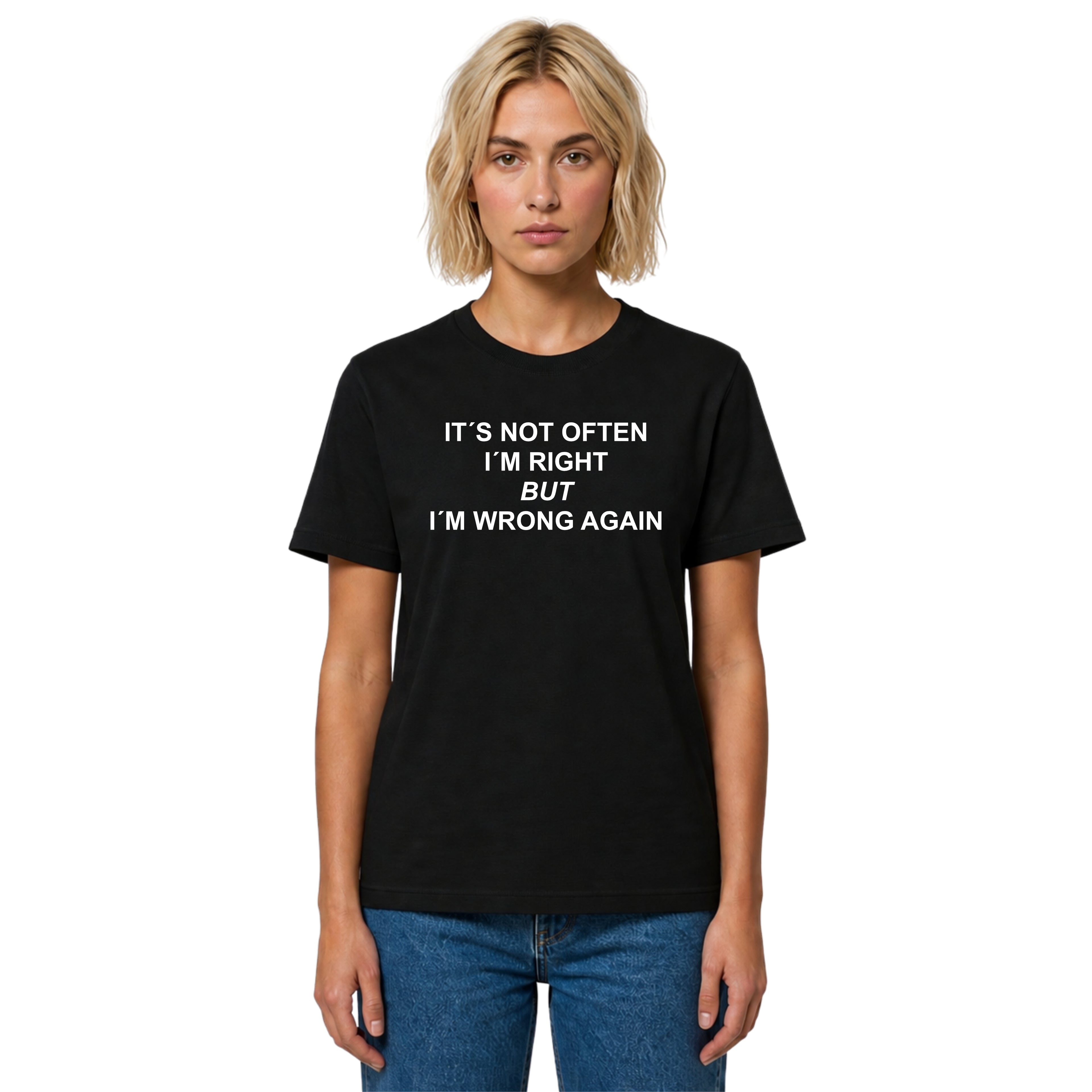 Person wearing a black t-shirt with text on a white background