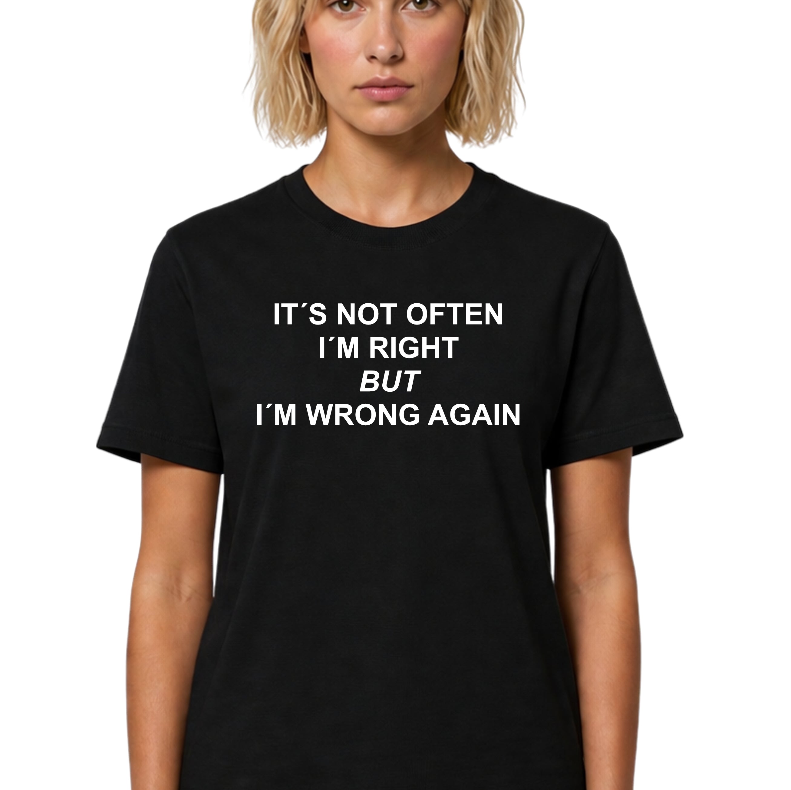 Person wearing a black t-shirt with humorous text on a white background