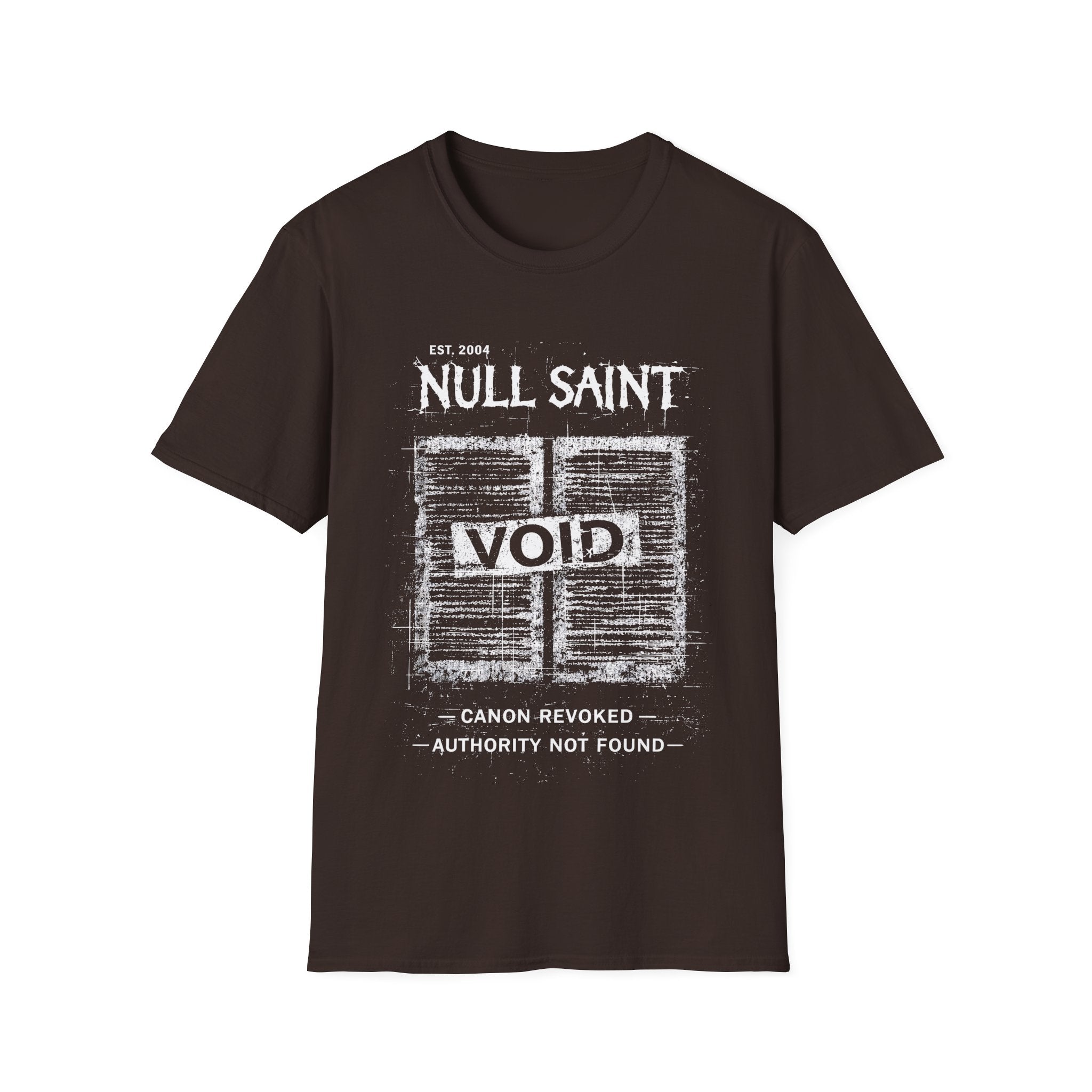 BrownGildan 64000 Softstyle T-shirt featuring a distressed white Null Saint archive graphic with the word “VOID” across the centre and small text reading “canon revoked” and “authority not found.”