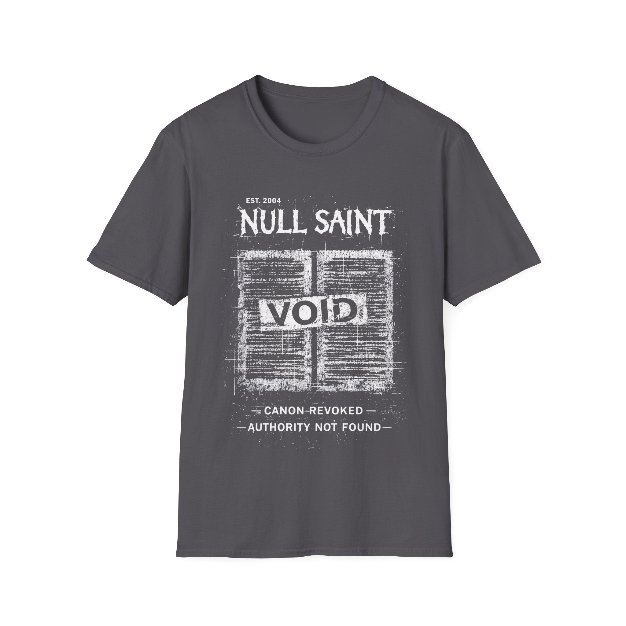 Charcoal Grey Gildan 64000 Softstyle T-shirt featuring a distressed white Null Saint archive graphic with the word “VOID” across the centre and small text reading “canon revoked” and “authority not found.”