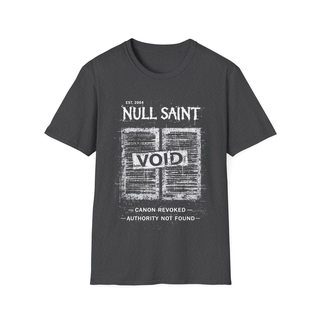  Grey Gildan 64000 Softstyle T-shirt featuring a distressed white Null Saint archive graphic with the word “VOID” across the centre and small text reading “canon revoked” and “authority not found.