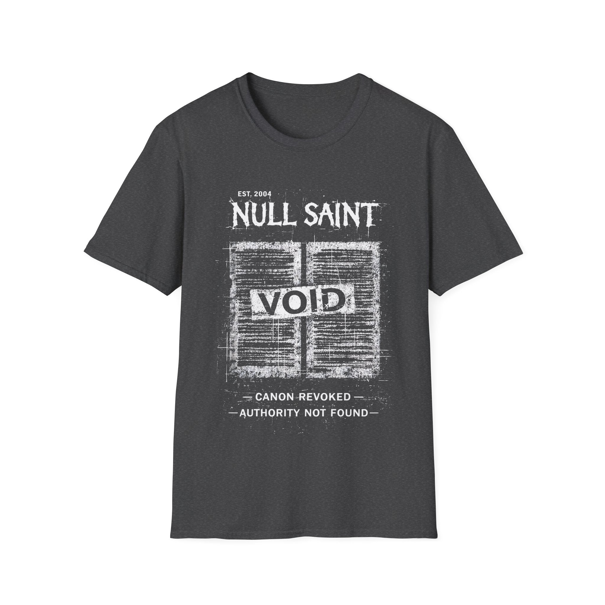 Grey Gildan 64000 Softstyle T-shirt featuring a distressed white Null Saint archive graphic with the word “VOID” across the centre and small text reading “canon revoked” and “authority not found.