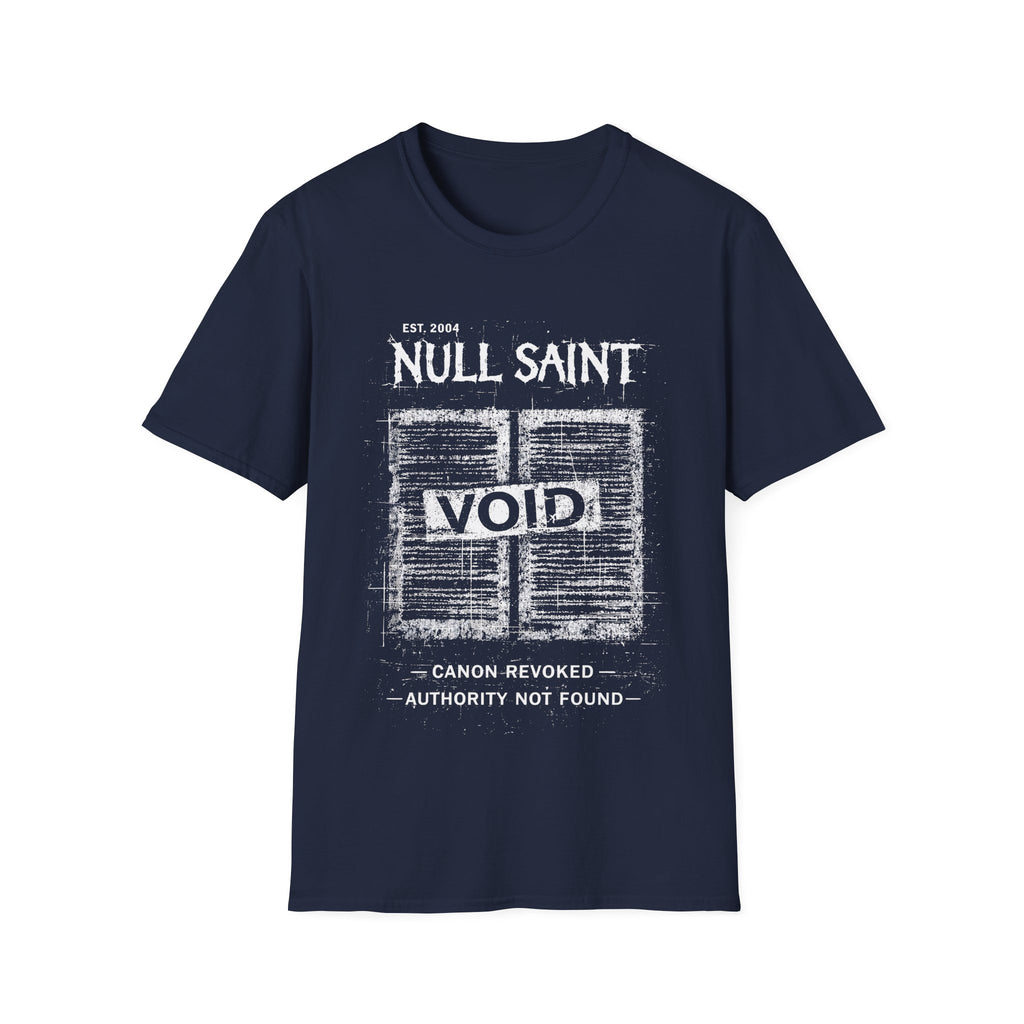 Blue Gildan 64000 Softstyle T-shirt featuring a distressed white Null Saint archive graphic with the word “VOID” across the centre and small text reading “canon revoked” and “authority not found.”
