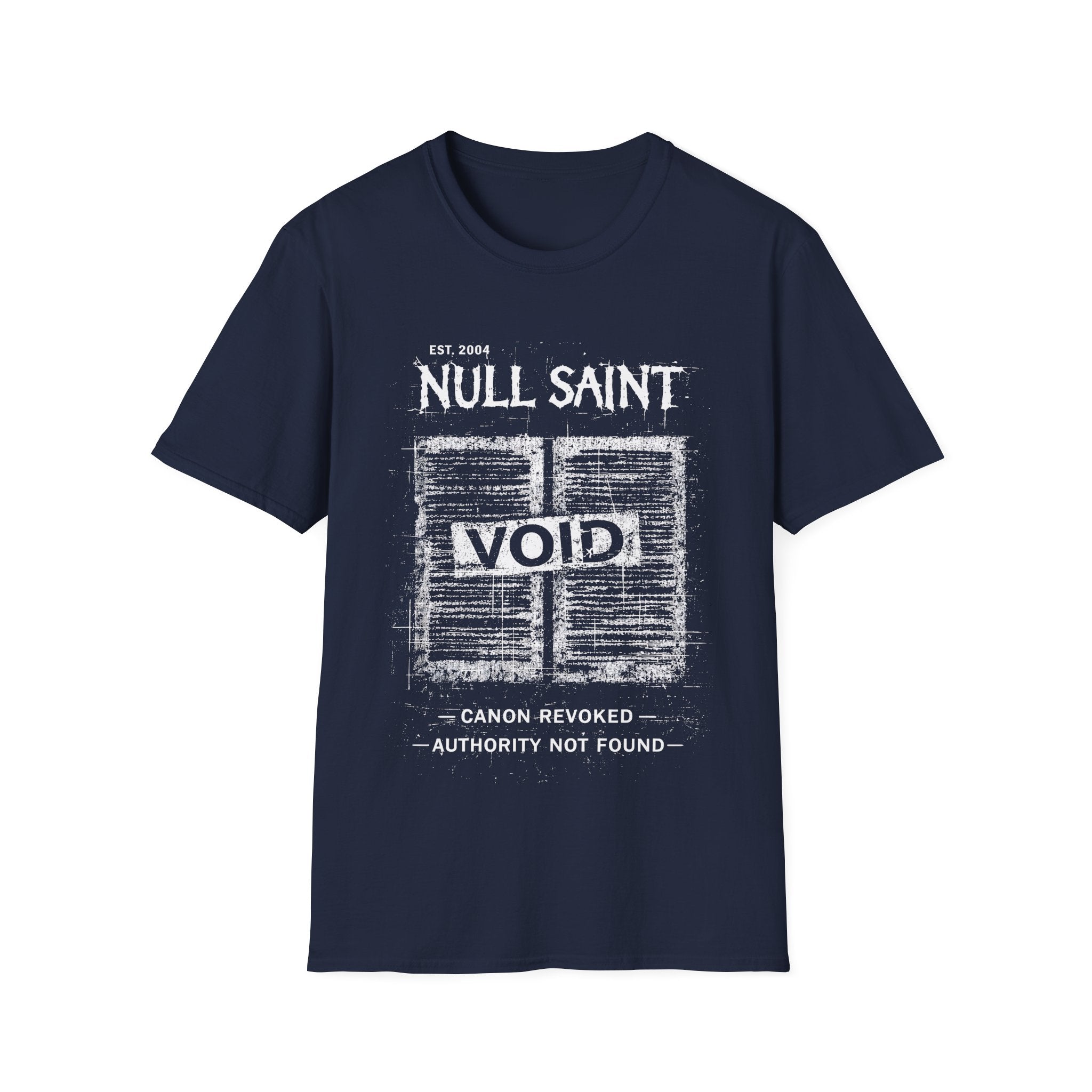 Blue Gildan 64000 Softstyle T-shirt featuring a distressed white Null Saint archive graphic with the word “VOID” across the centre and small text reading “canon revoked” and “authority not found.”