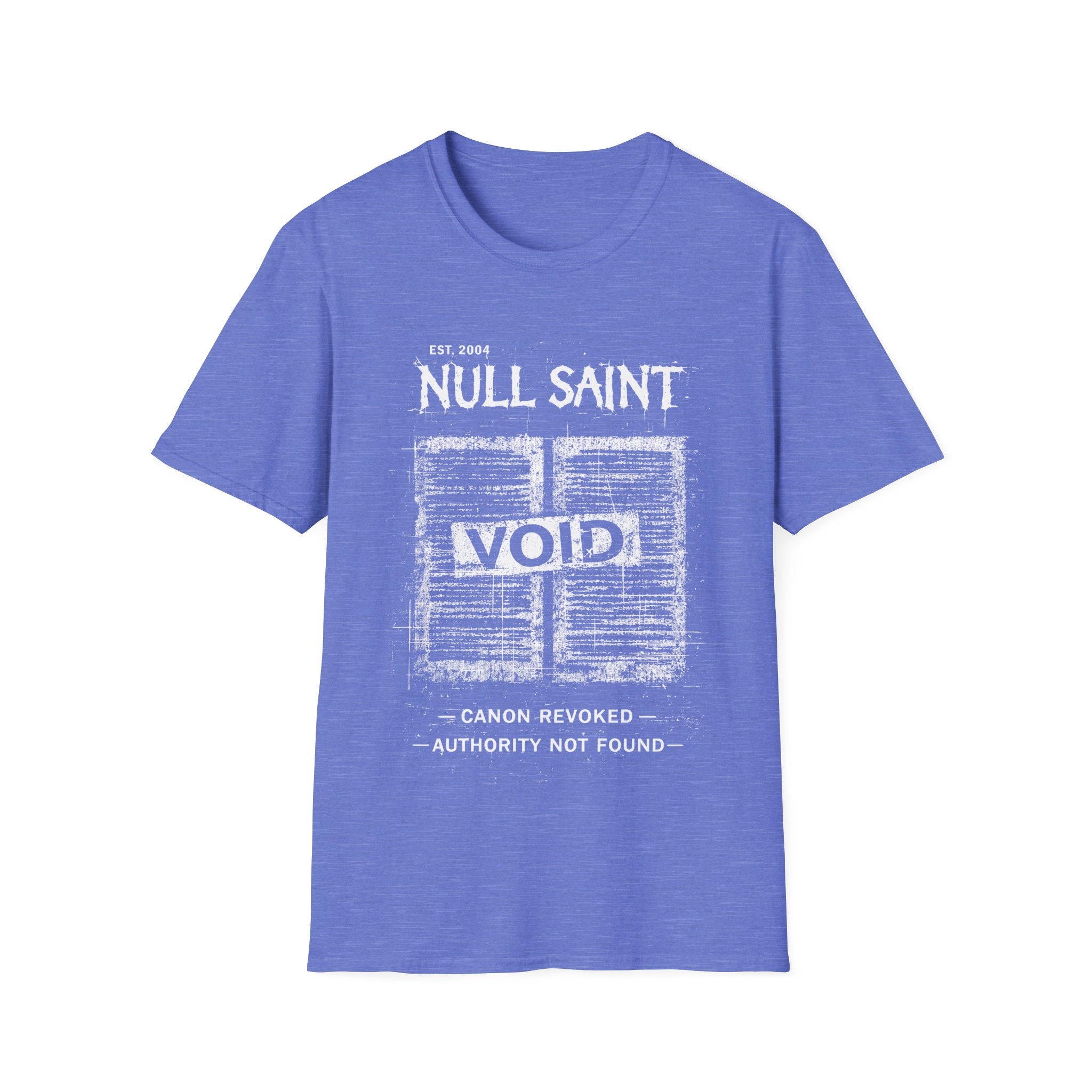 Royal Blue Gildan 64000 Softstyle T-shirt featuring a distressed white Null Saint archive graphic with the word “VOID” across the centre and small text reading “canon revoked” and “authority not found.”