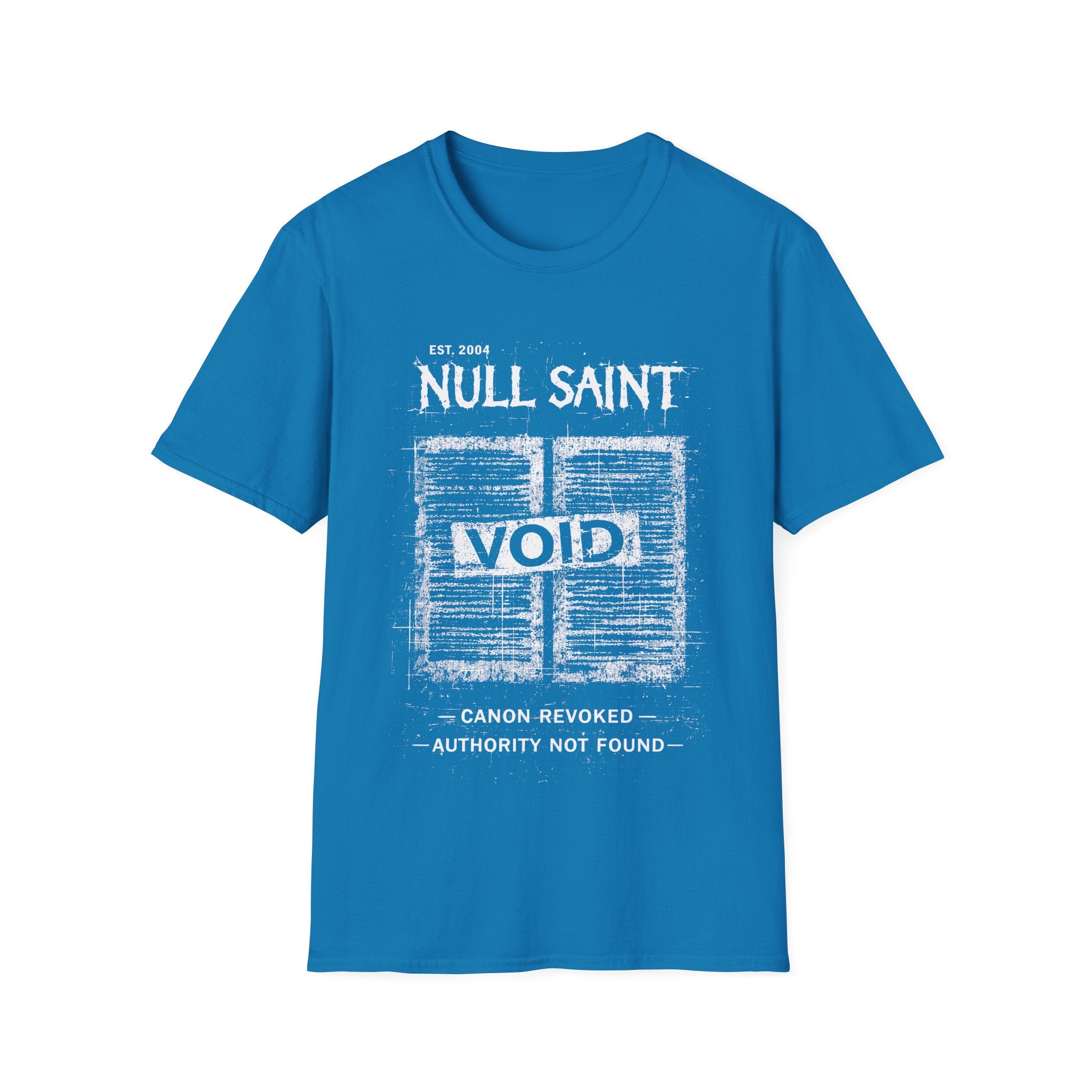 Sapphire Gildan 64000 Softstyle T-shirt featuring a distressed white Null Saint archive graphic with the word “VOID” across the centre and small text reading “canon revoked” and “authority not found.”