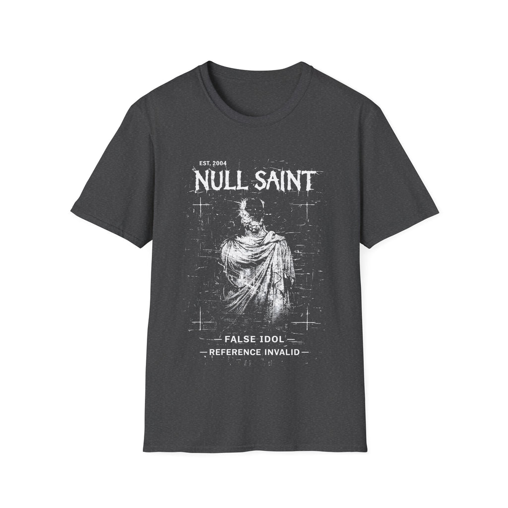 Dark Grey graphic T-shirt featuring Null Saint text, distressed monochrome saint figure and dark archive-style artwork.