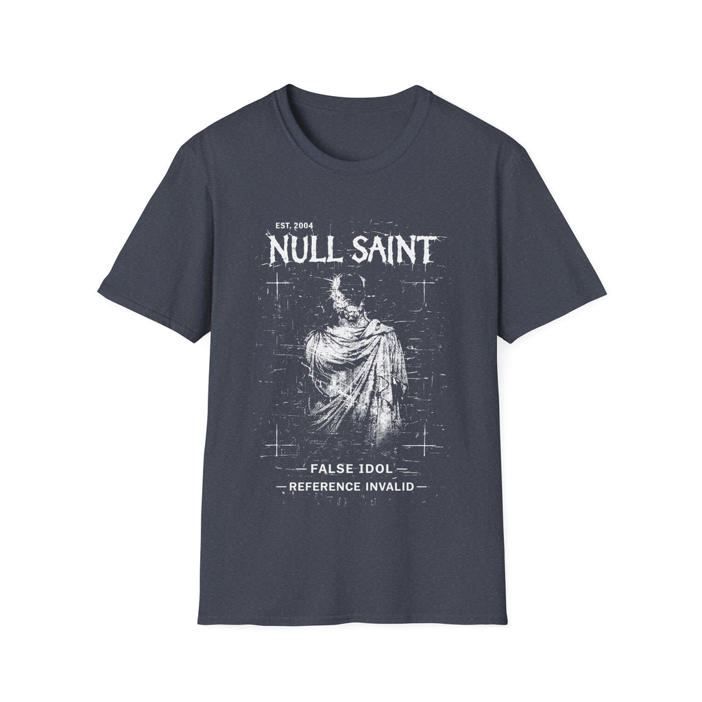 Grey graphic T-shirt featuring Null Saint text, distressed monochrome saint figure and dark archive-style artwork.