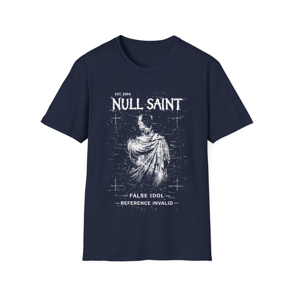 Navy Blue graphic T-shirt featuring Null Saint text, distressed monochrome saint figure and dark archive-style artwork.