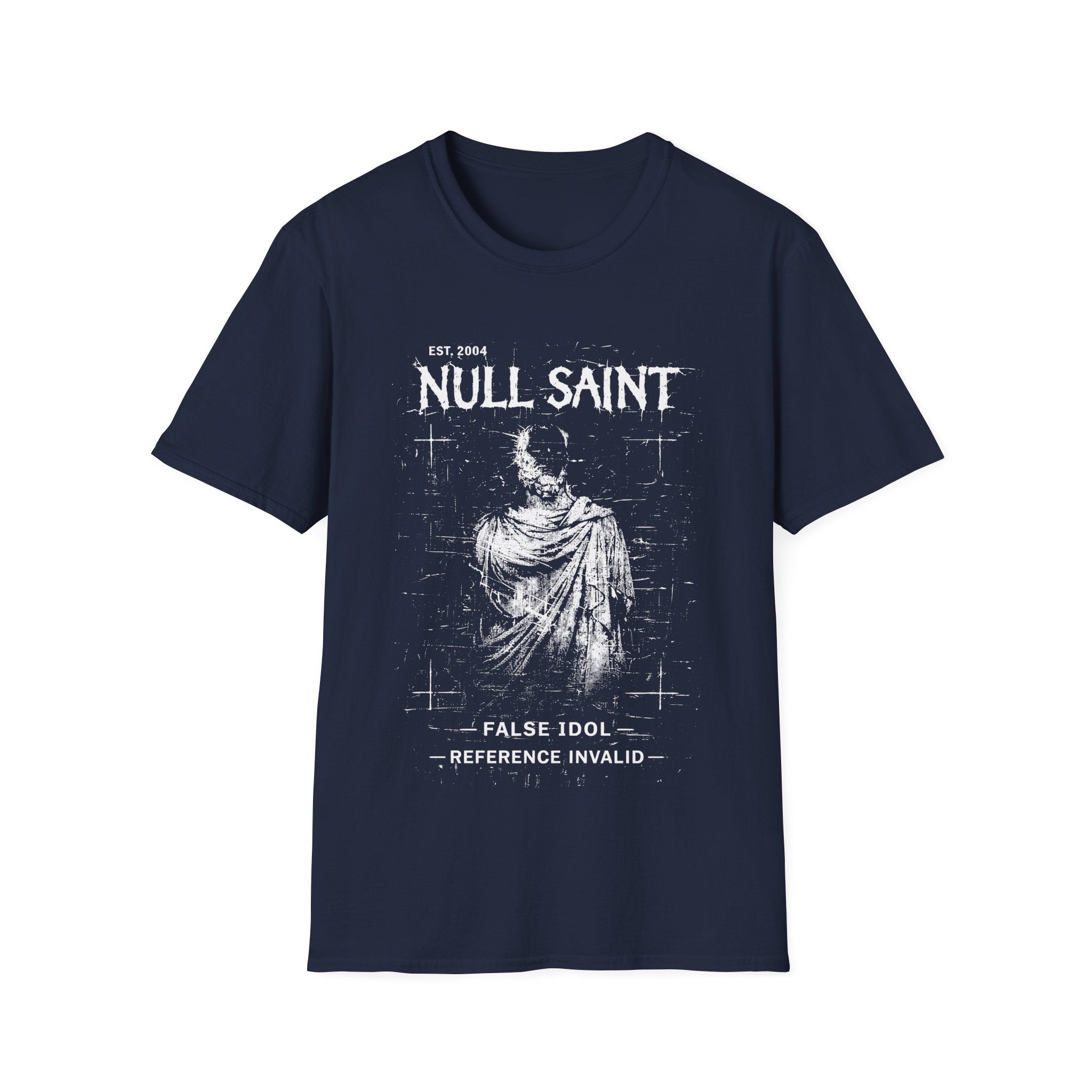 Navy Blue graphic T-shirt featuring Null Saint text, distressed monochrome saint figure and dark archive-style artwork.