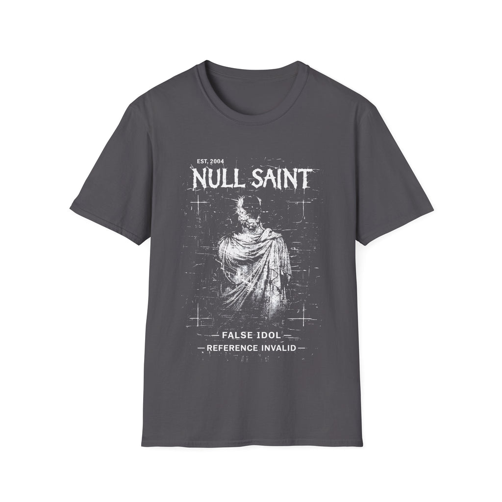 Charcoal Grey Gildan 64000 T-shirt with Null Saint distressed saint artwork, archive-style typography and gothic grunge design.